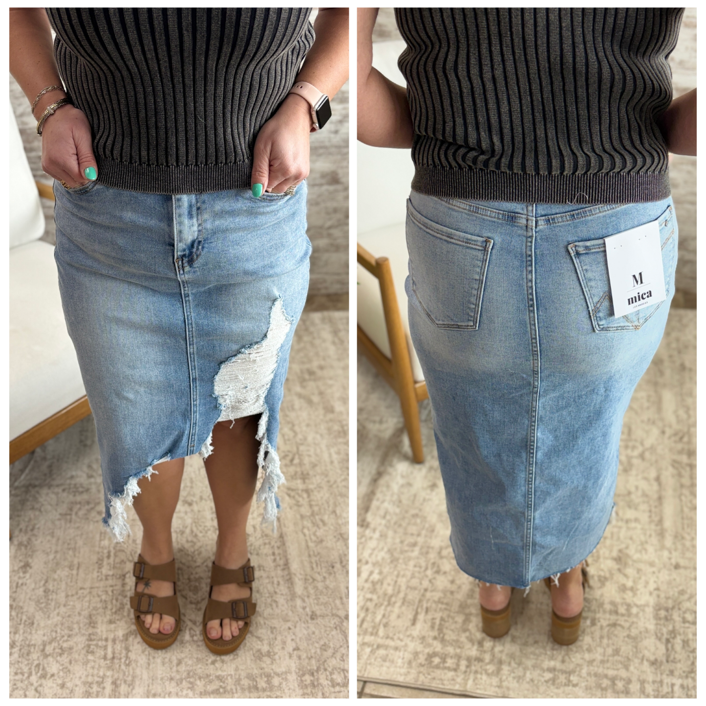 Mica High Rise Midi Distressed Skirt MDP-K3090