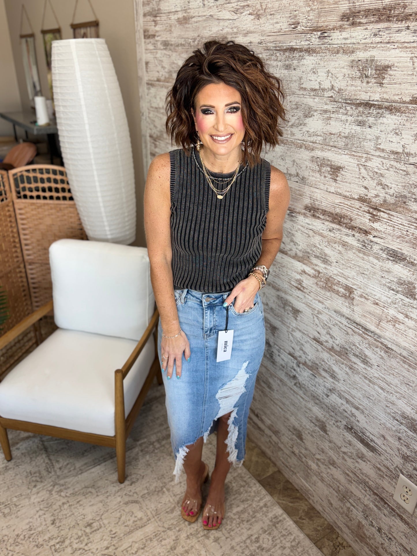 Mica High Rise Midi Distressed Skirt MDP-K3090