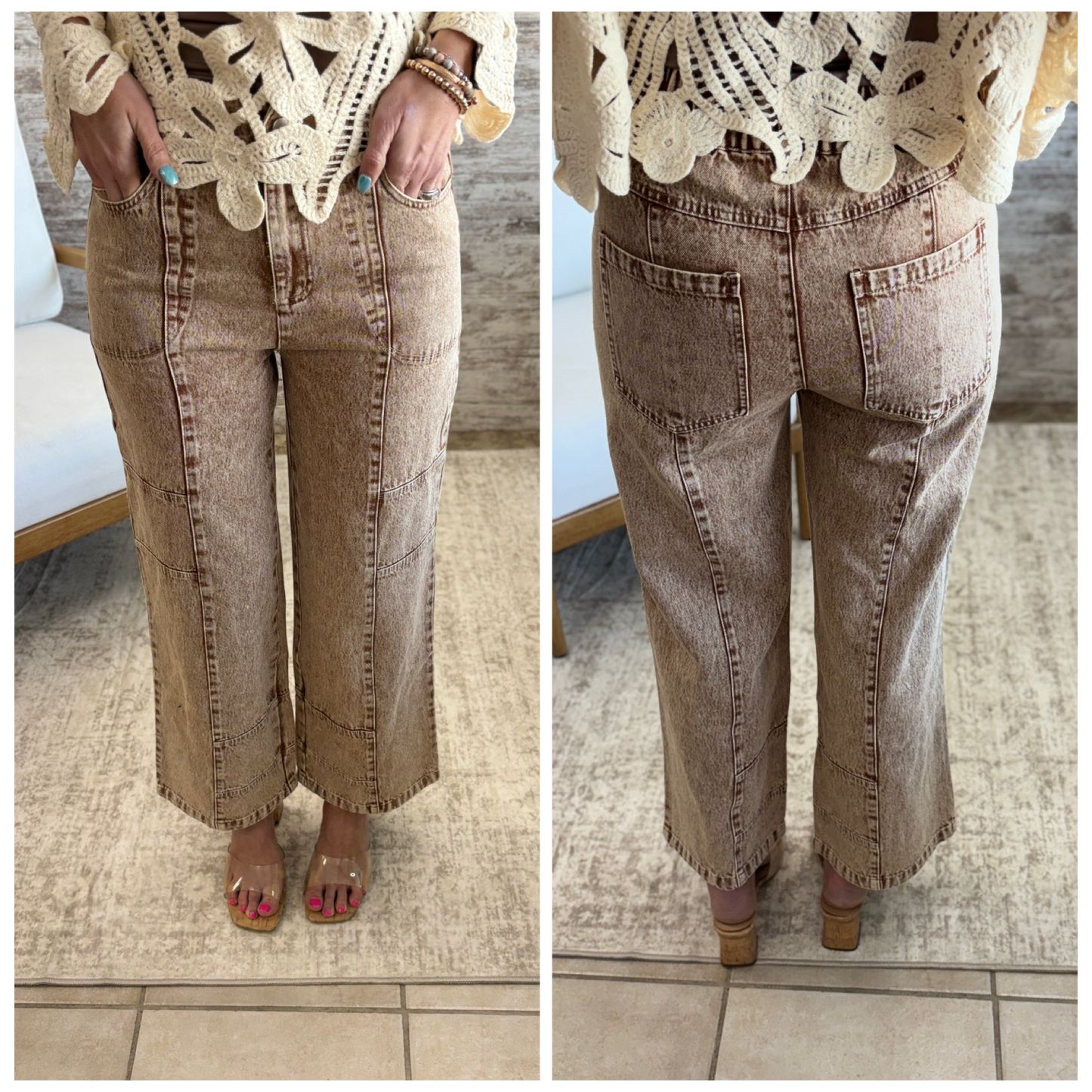 Washed Brown Wide Leg Jeans
