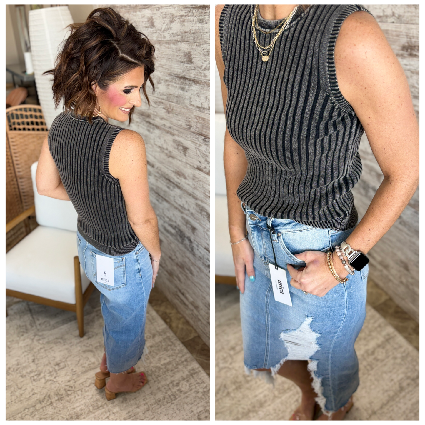 Black Mineral Wash Ribbed Sweater Tank