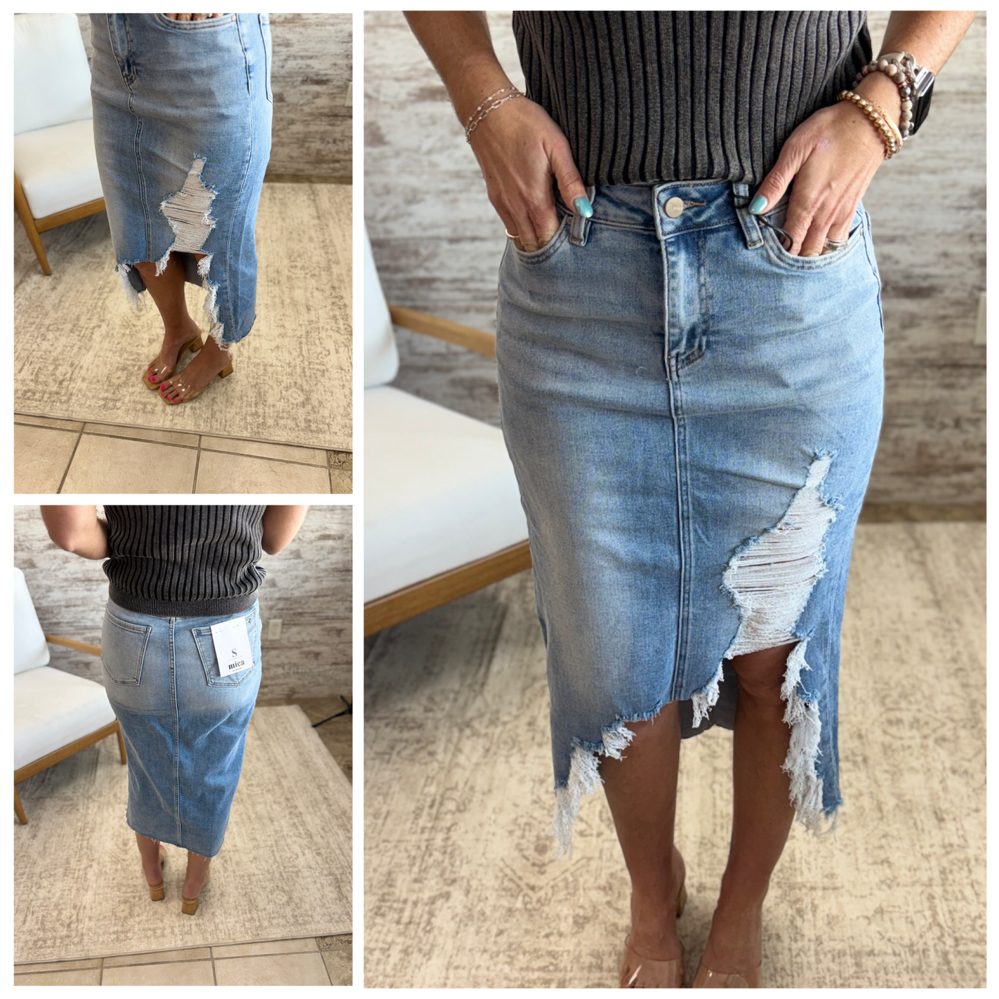 Mica High Rise Midi Distressed Skirt MDP-K3090