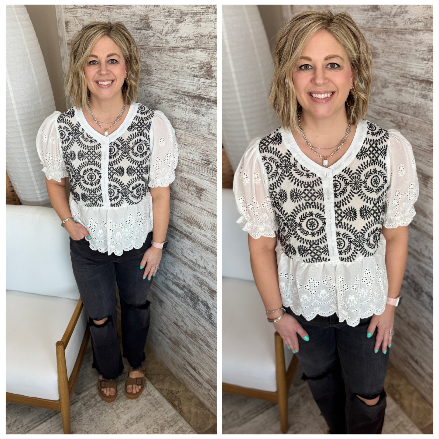 White/Black Button Down Embroidered Top