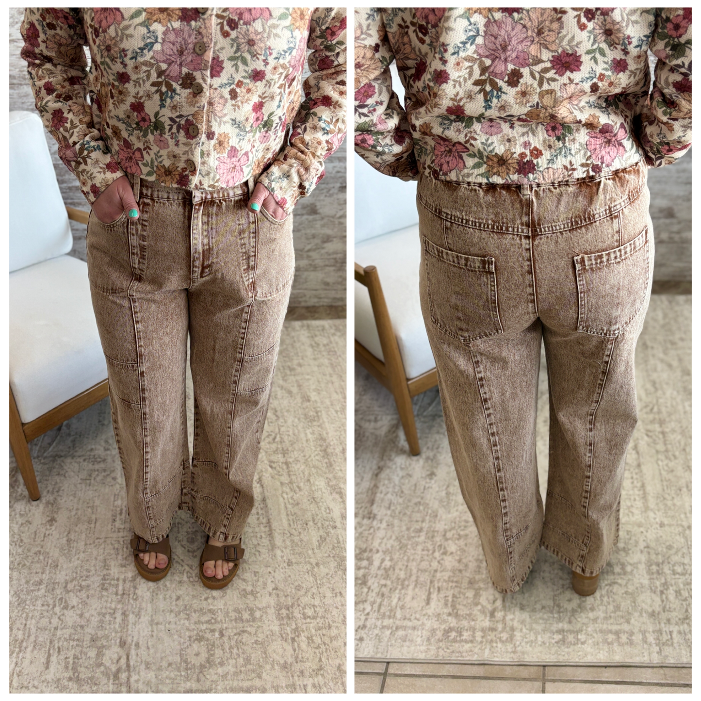 Washed Brown Wide Leg Jeans