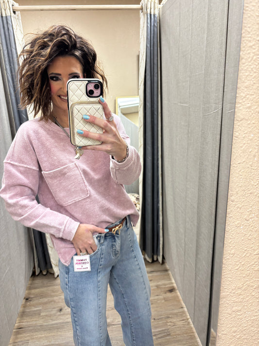 Mauve Washed Pocket Detail Long Sleeve Rib Knit Top **RESTOCKED**