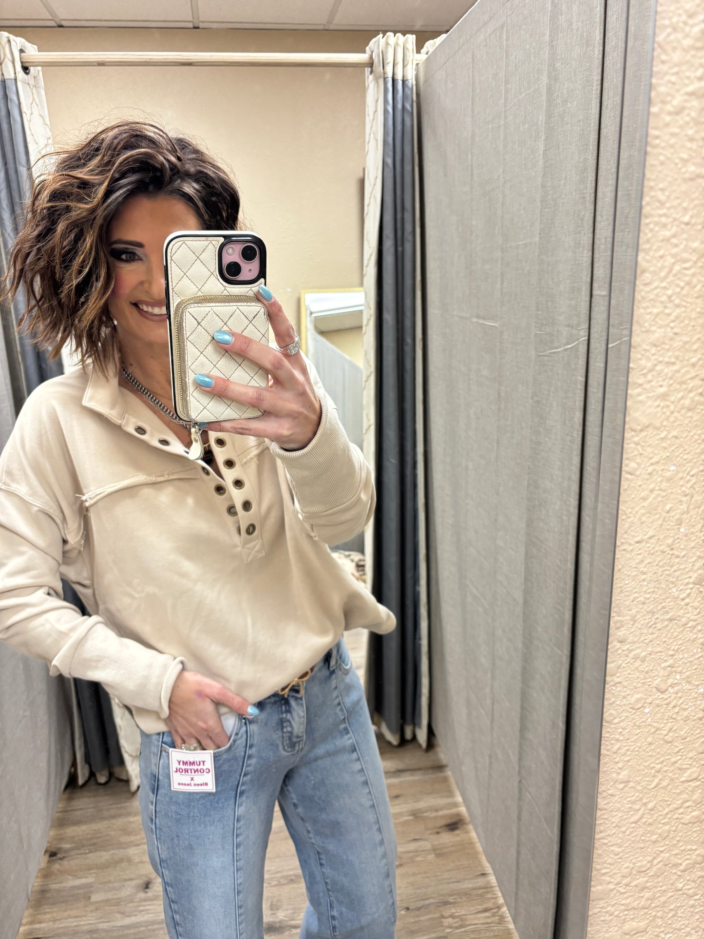 Taupe Vintage Half Neck Grommet Pullover