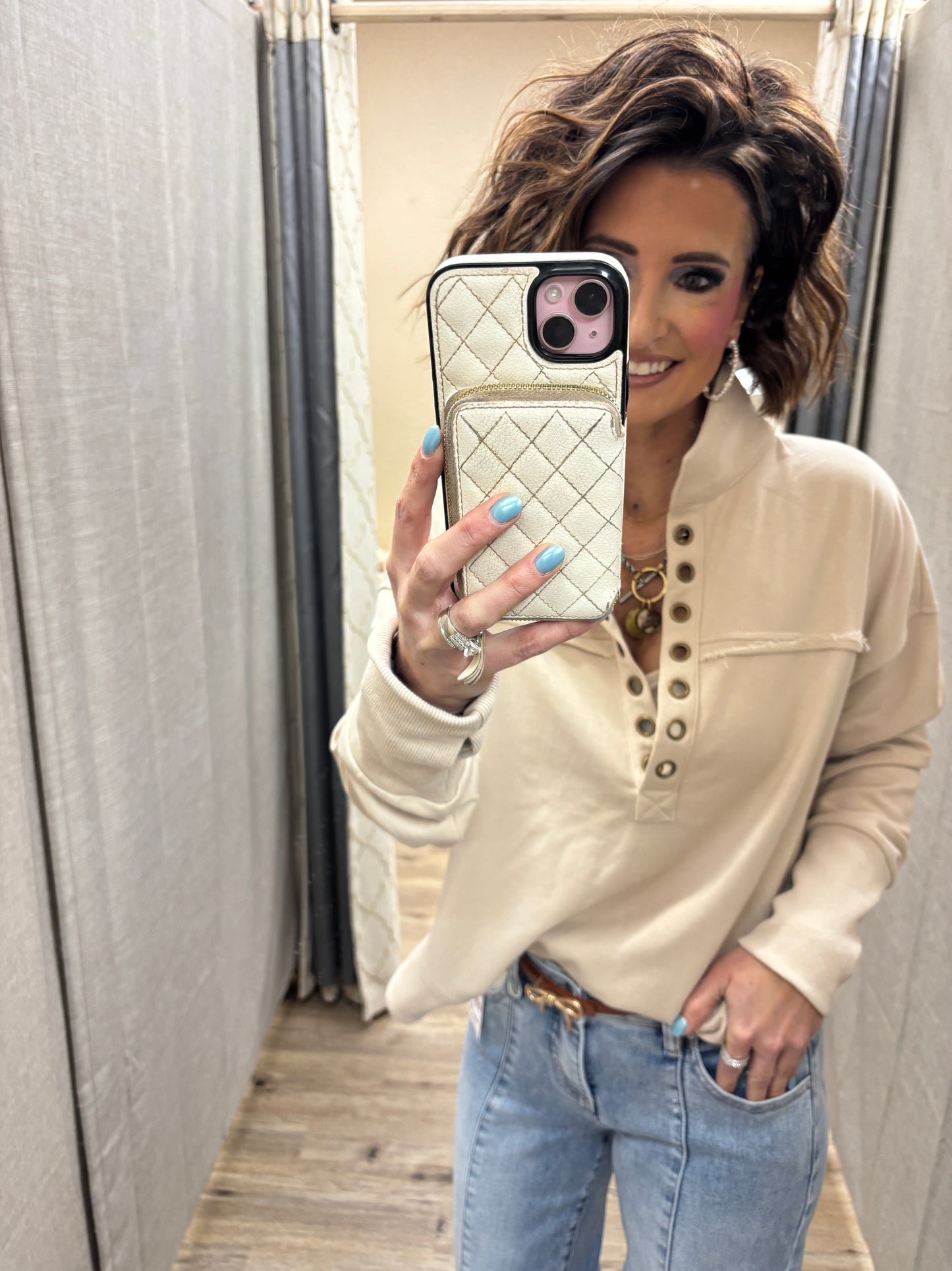 Taupe Vintage Half Neck Grommet Pullover