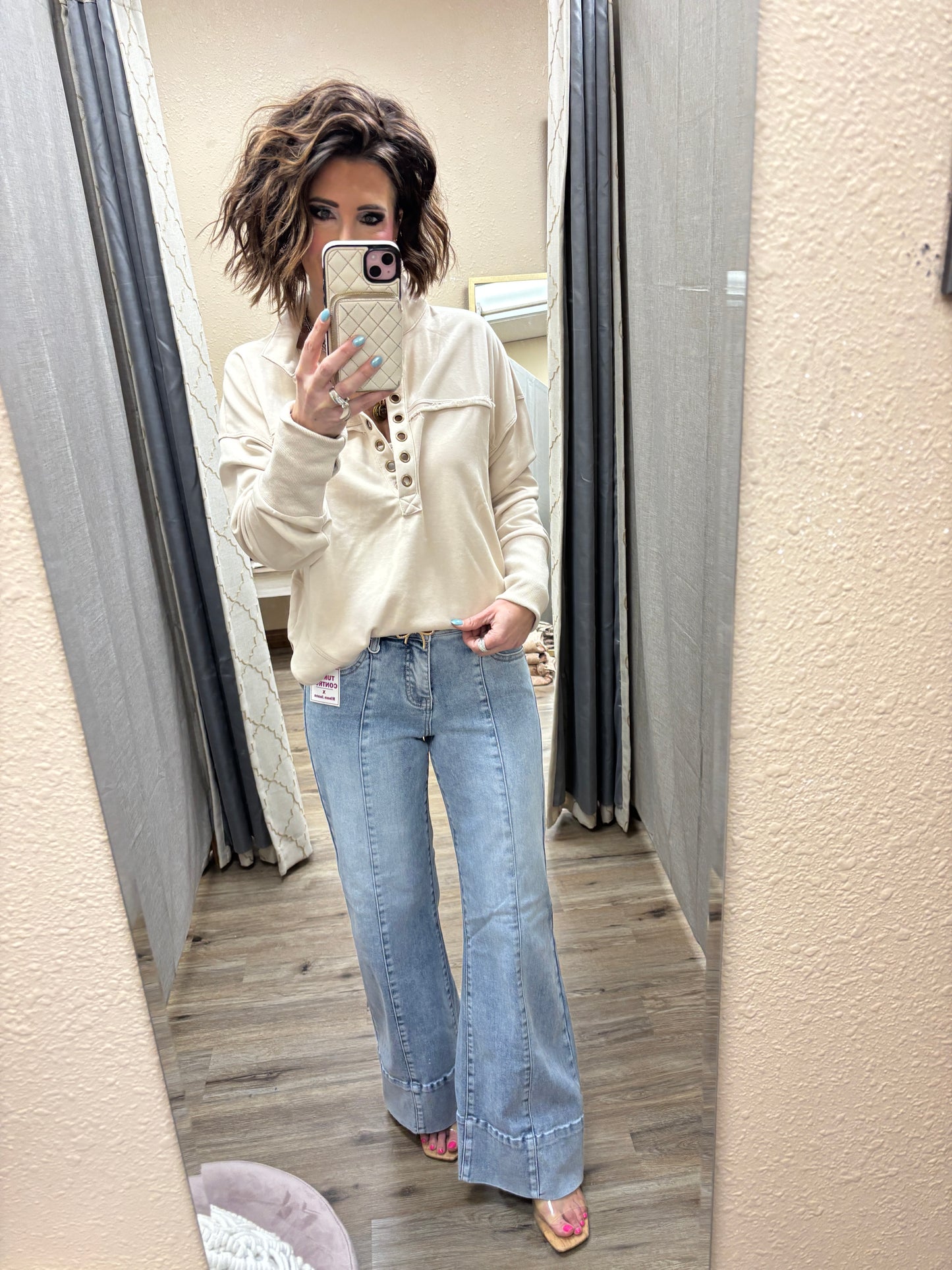 Taupe Vintage Half Neck Grommet Pullover