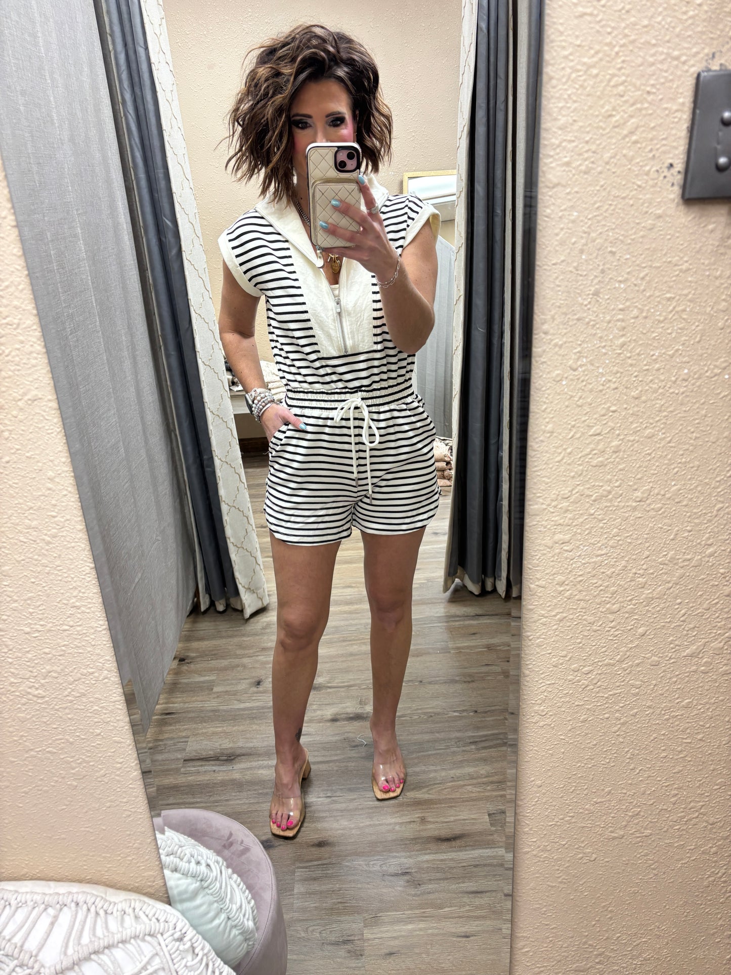 Black Stripe Zip-Front Drawstring Knit Romper