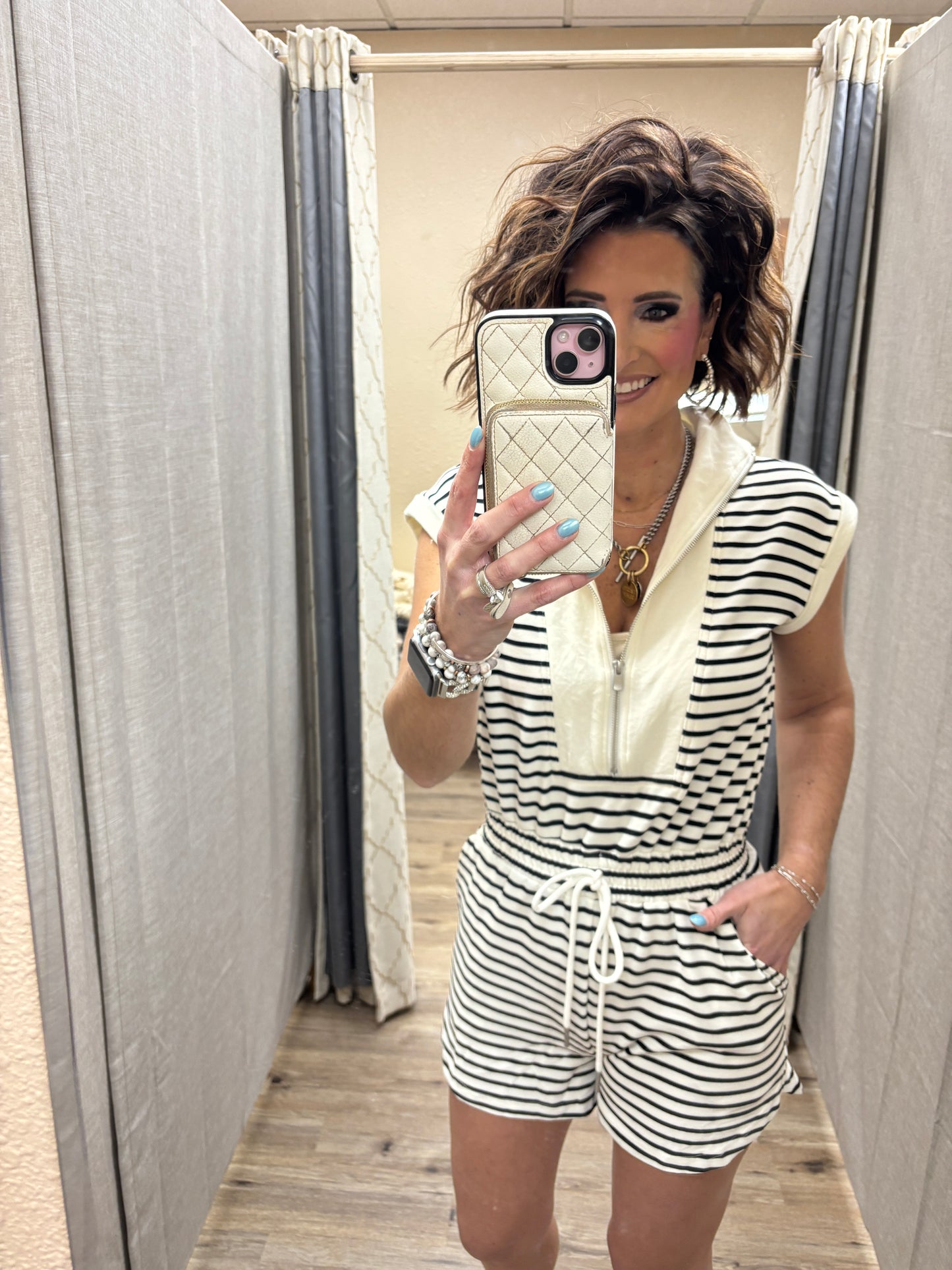 Black Stripe Zip-Front Drawstring Knit Romper