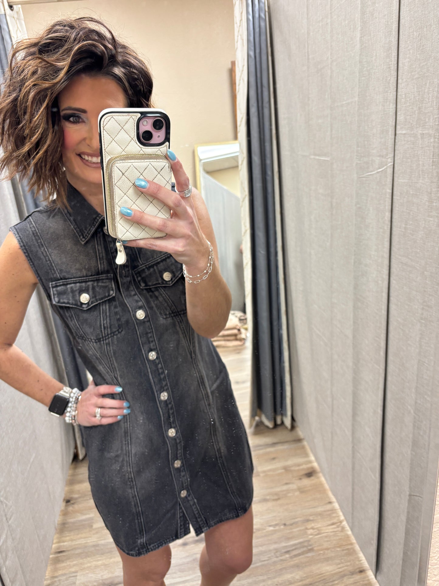 Washed Black Denim Button Down Dress