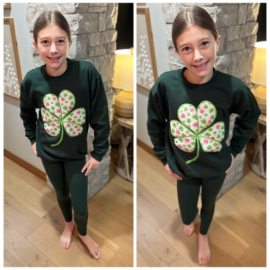 Faux Yarn Shamrock Youth/Adult Gildan Forest Crew * On Sale*