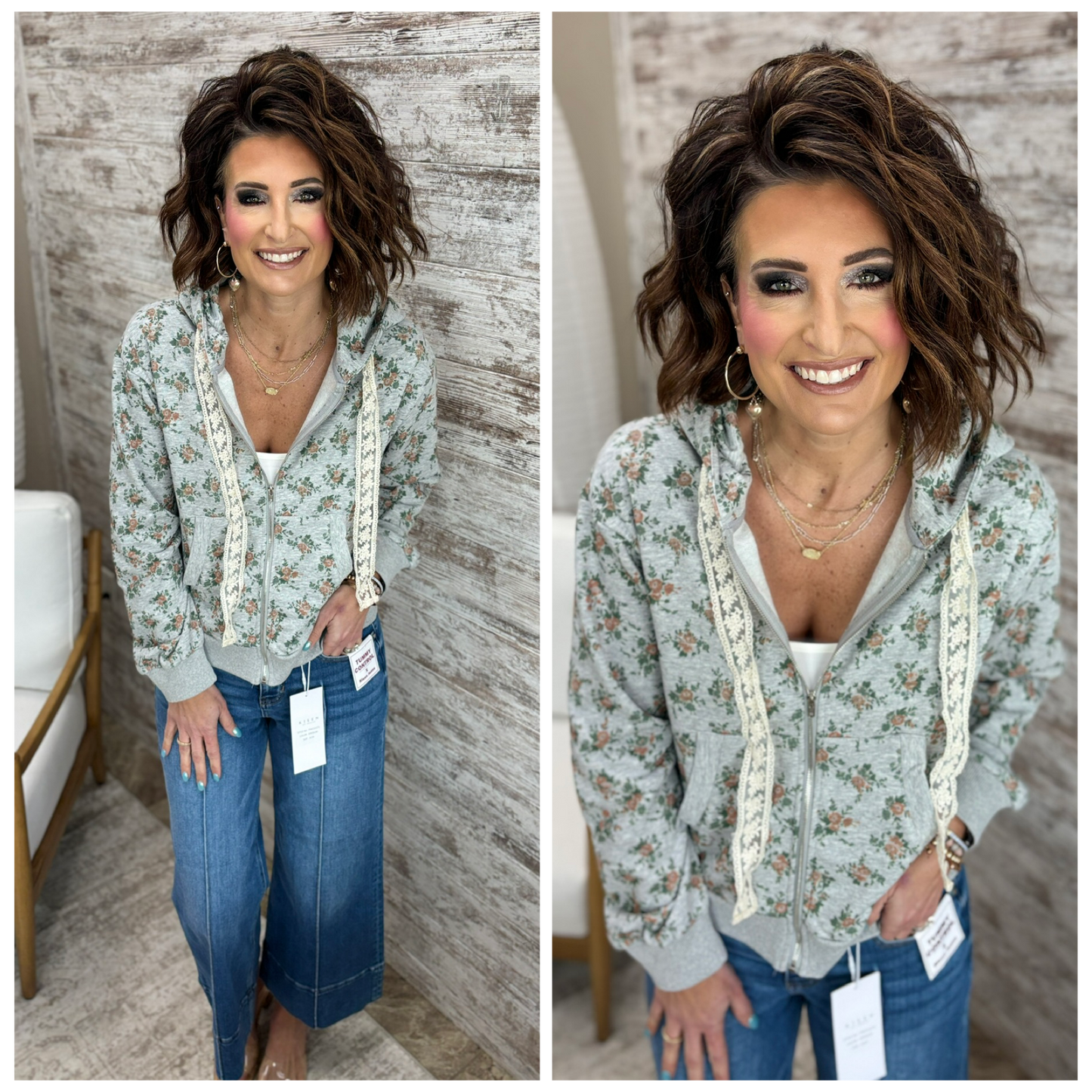 Grey/Orange Floral Zip Up Hoodie