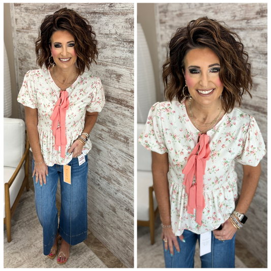 Cream/Coral Vintage Floral Puplum Top