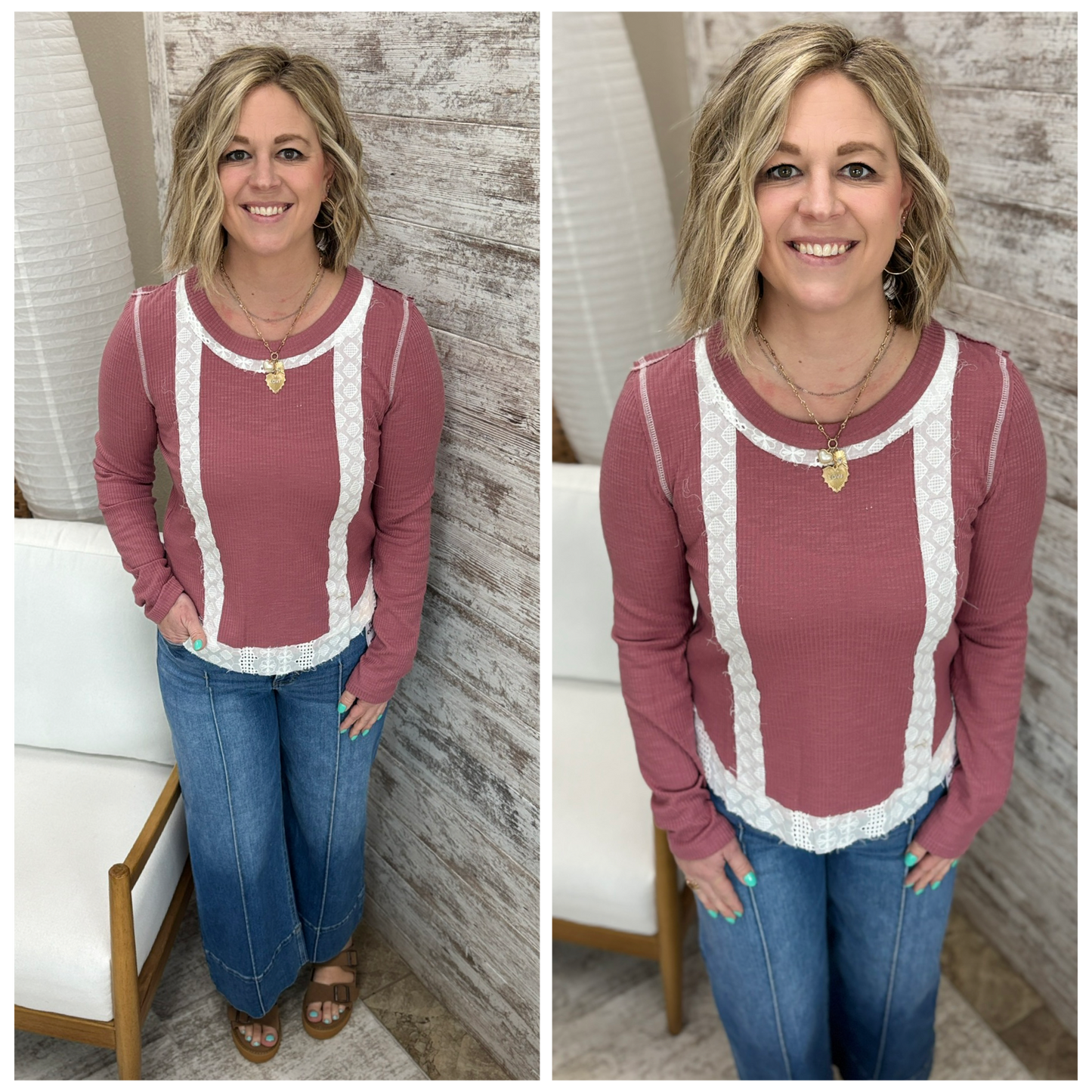 Mauve Pink Ribbed Top with Lace Accent