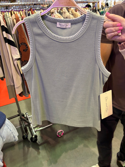 Sage Ribbed Tank with Stitched Trim