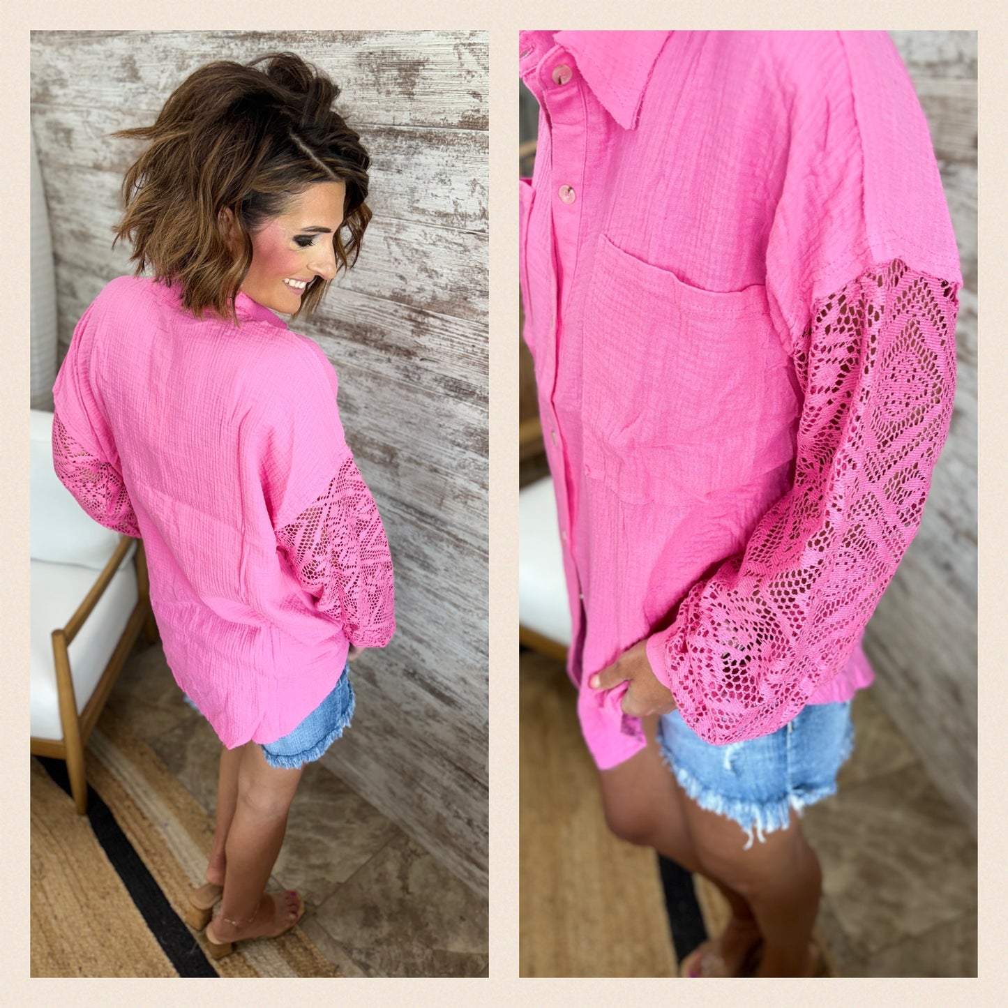 Pink Crochet Sleeve Button Down