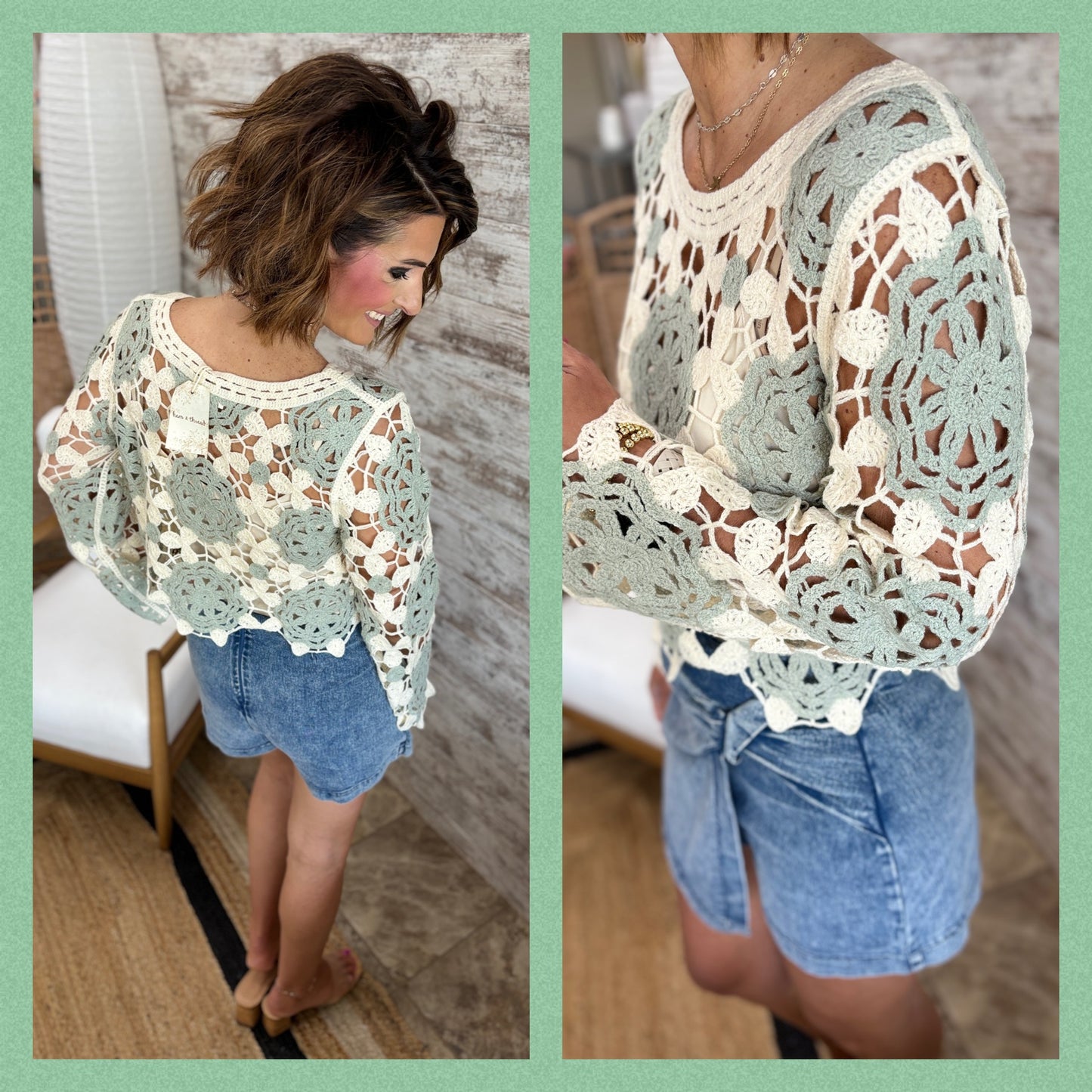 Cream Crochet Sweater with Bell Sleeve