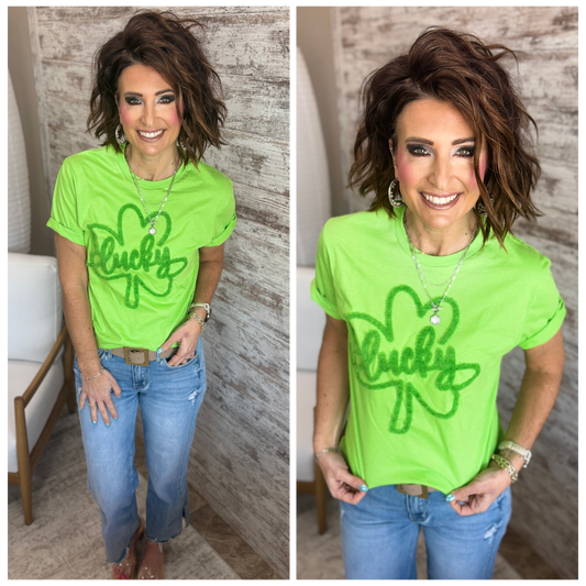 Lucky Fluffy Chenille Shamrock Patch Tee **RESTOCKED*