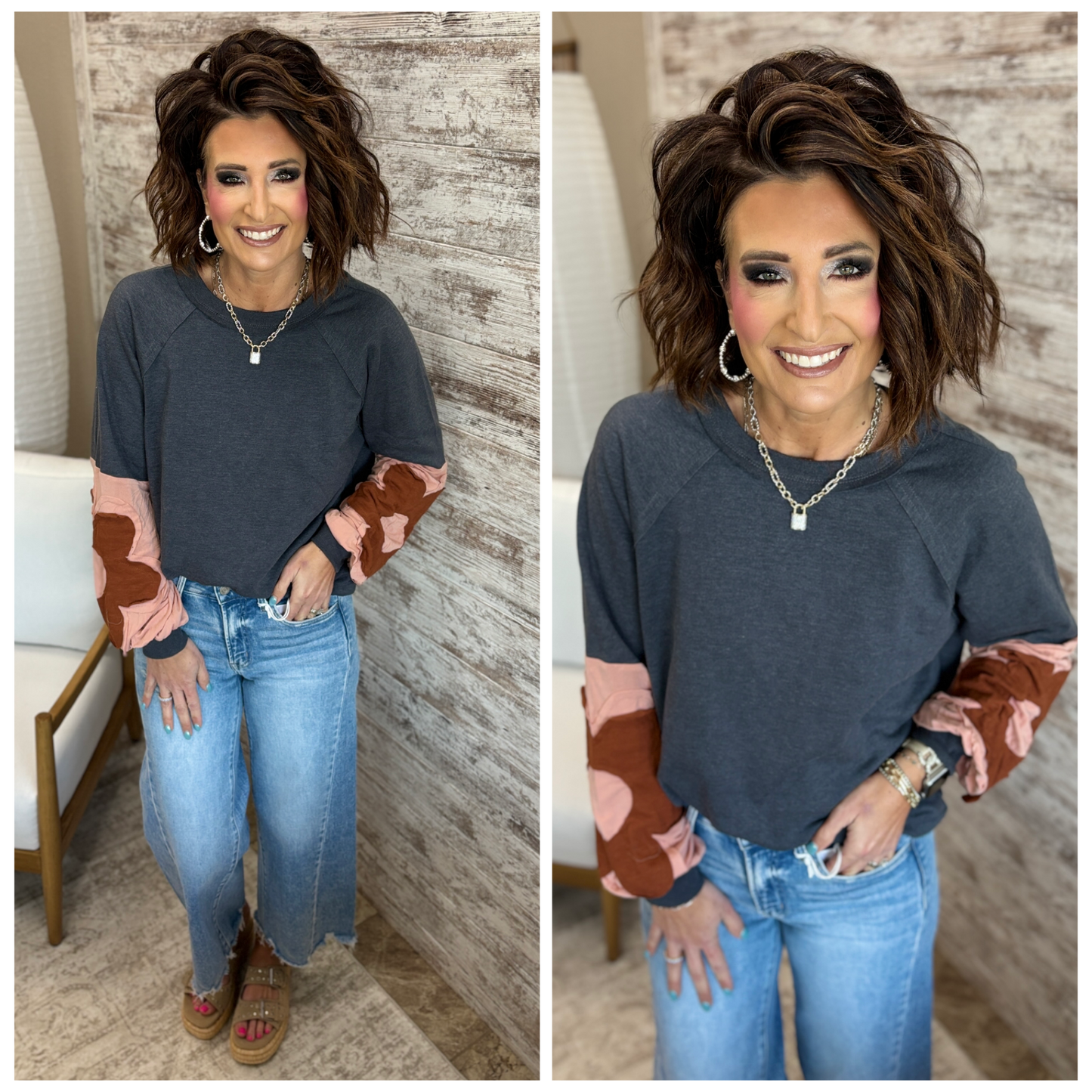 Charcoal Floral Patchwork Knit Top