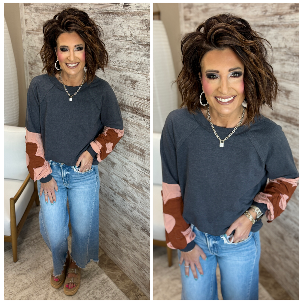 Charcoal Floral Patchwork Knit Top