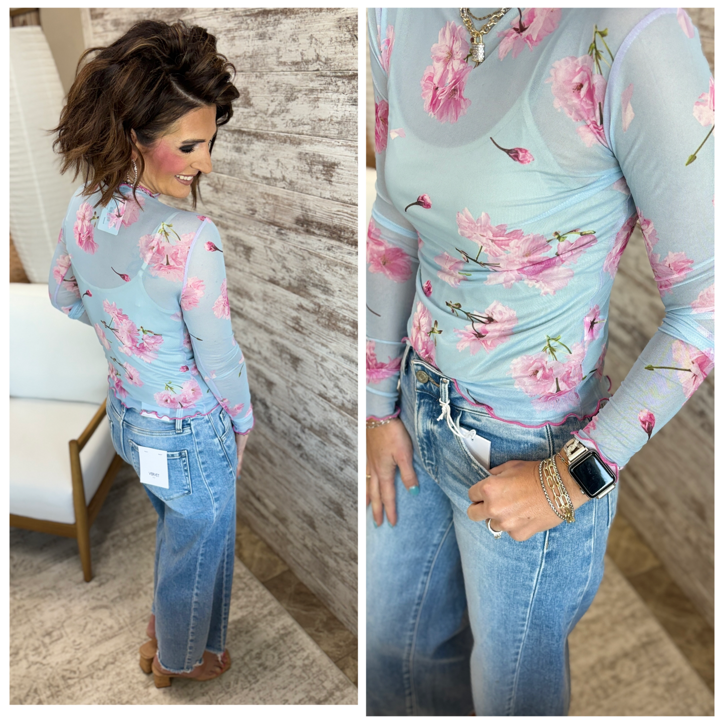 Aqua Blue and Pink Foral Mesh Top