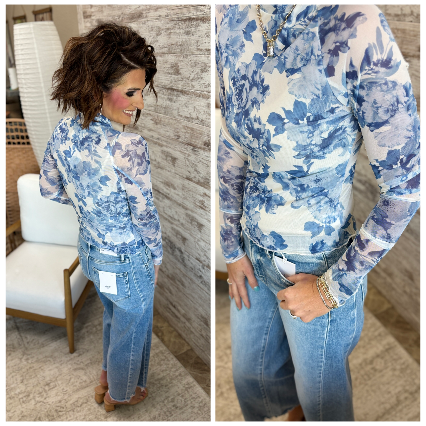 Blue and White Floral Mesh Lined Top