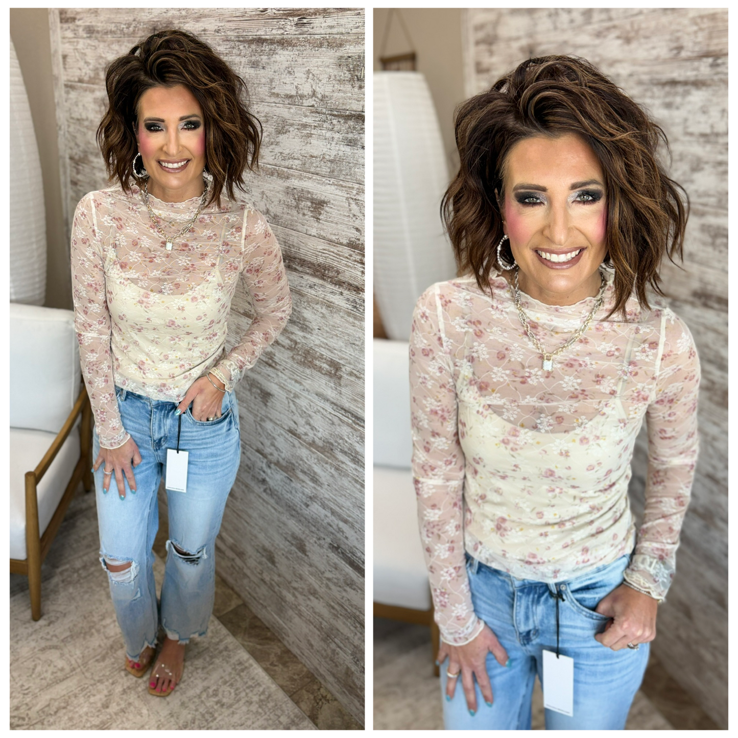Pink and Cream Floral Lace Mesh Top