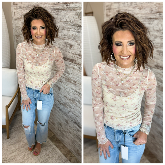 Pink and Cream Floral Lace Mesh Top