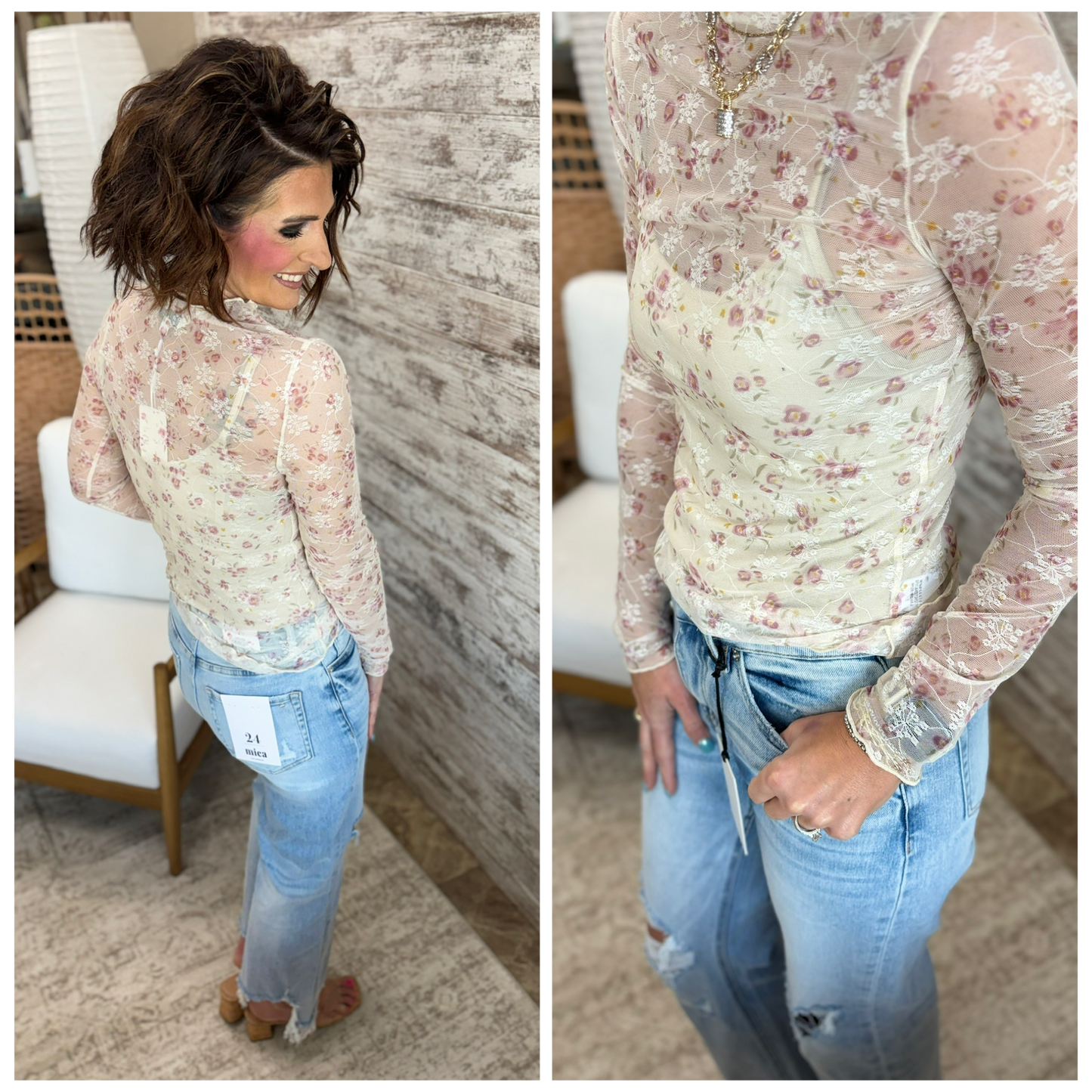 Pink and Cream Floral Lace Mesh Top