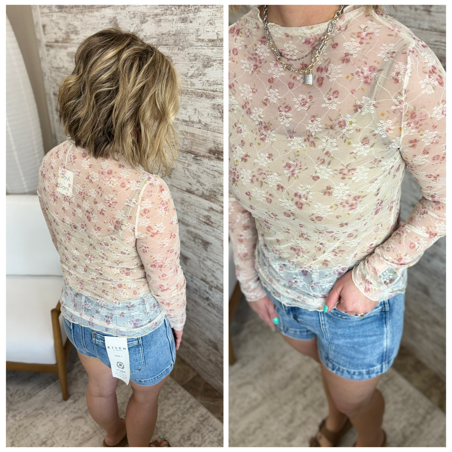 Pink and Cream Floral Lace Mesh Top