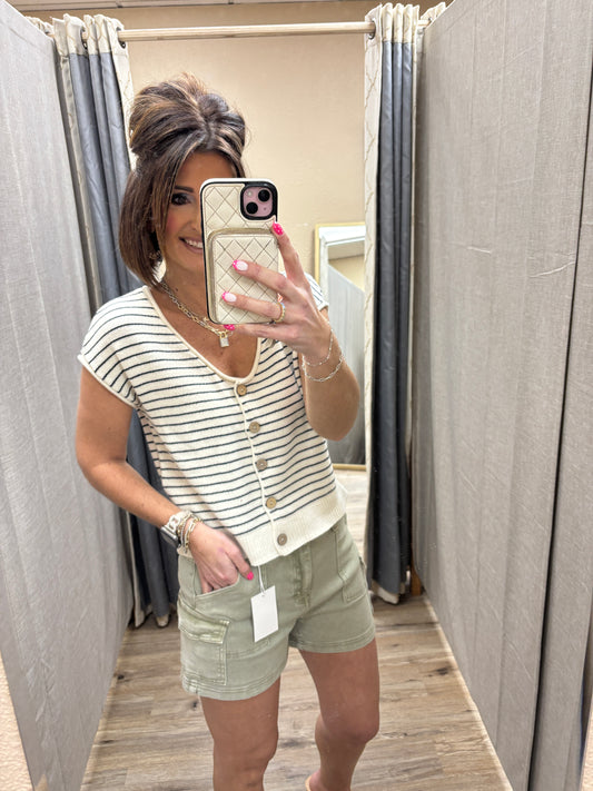 CREAM AND BLACK STRIPE SCOOP NECK RAW EDGE SHORT SLEEVE CARDIGAN