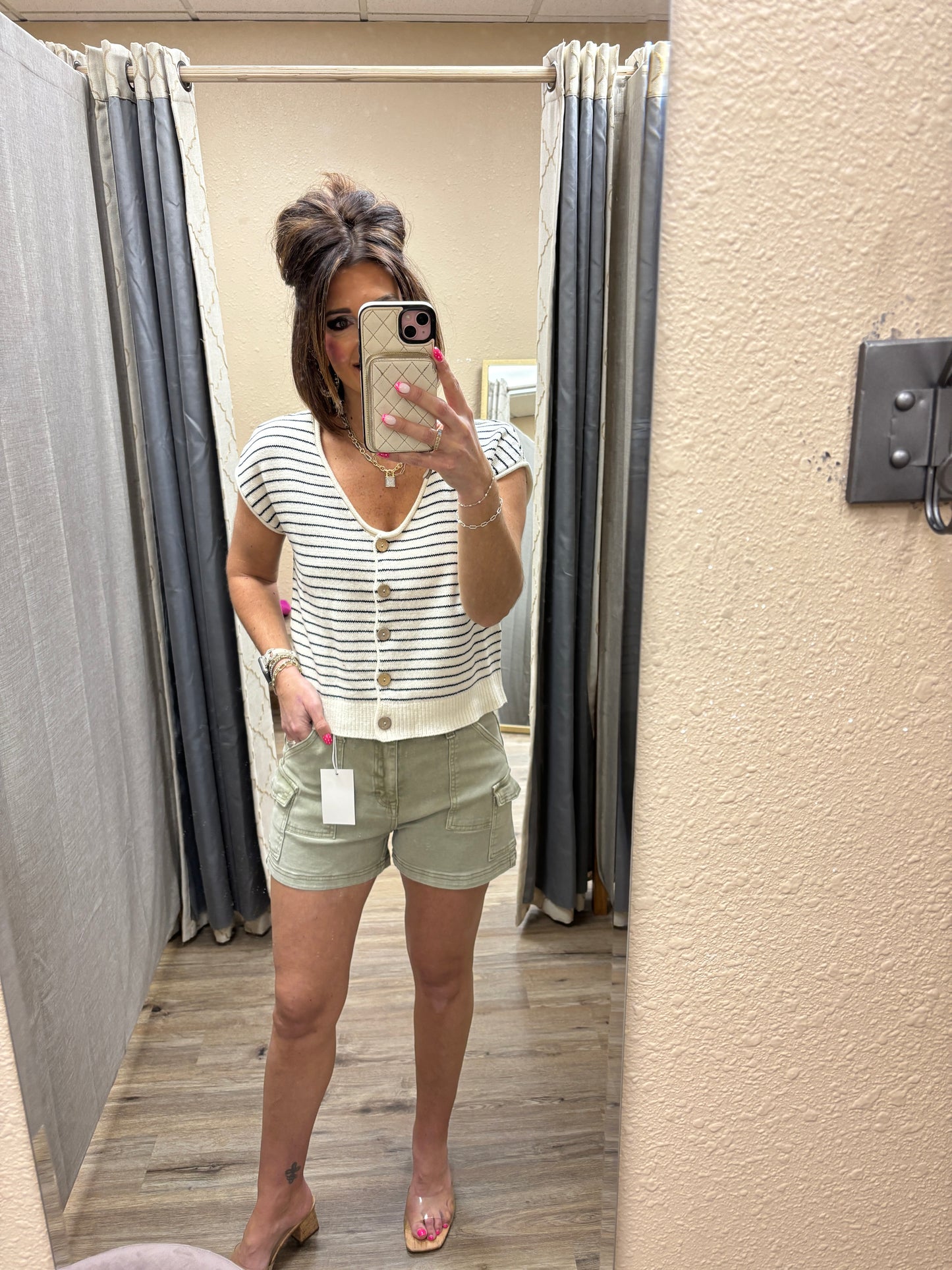 CREAM AND BLACK STRIPE SCOOP NECK RAW EDGE SHORT SLEEVE CARDIGAN