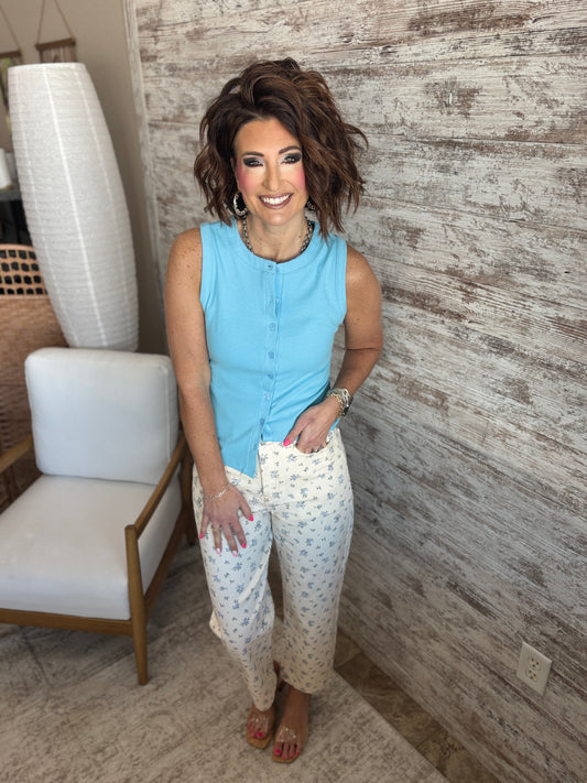 Blue Ribbed Button Down Tank