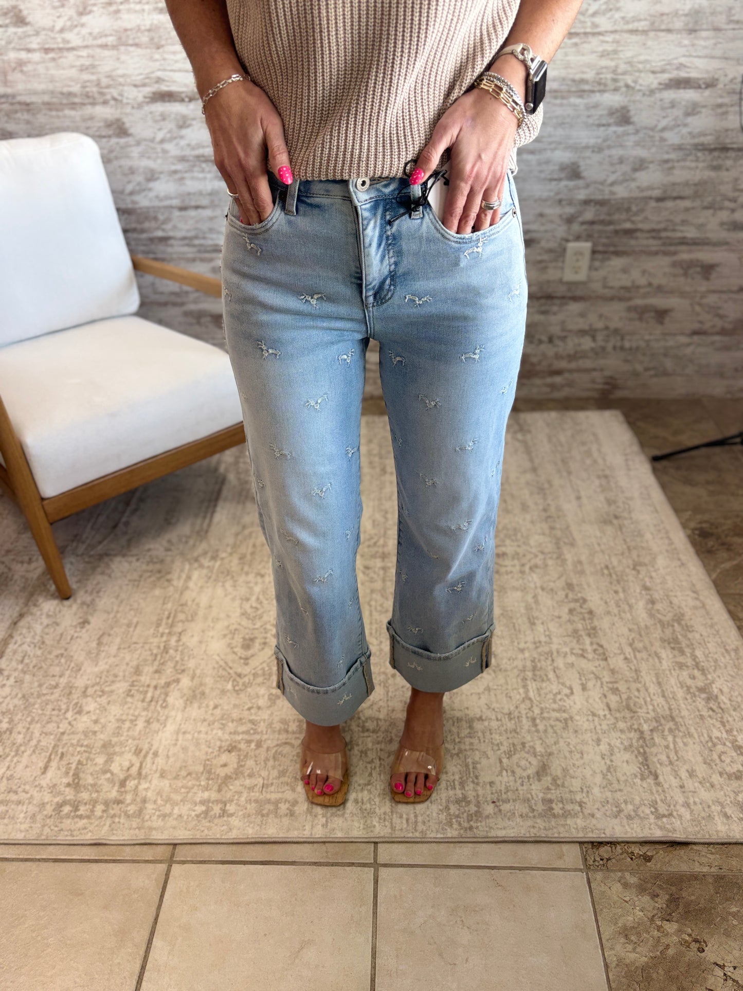 Mica Wide Leg Embroidered Tummy Tuck Jeans MTT-W3650