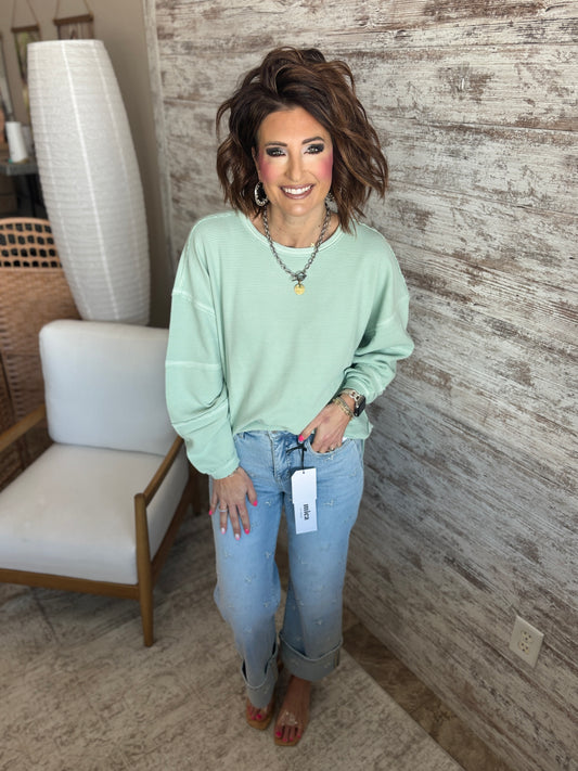 Dusty Mint Knit Top With Exposed Seam