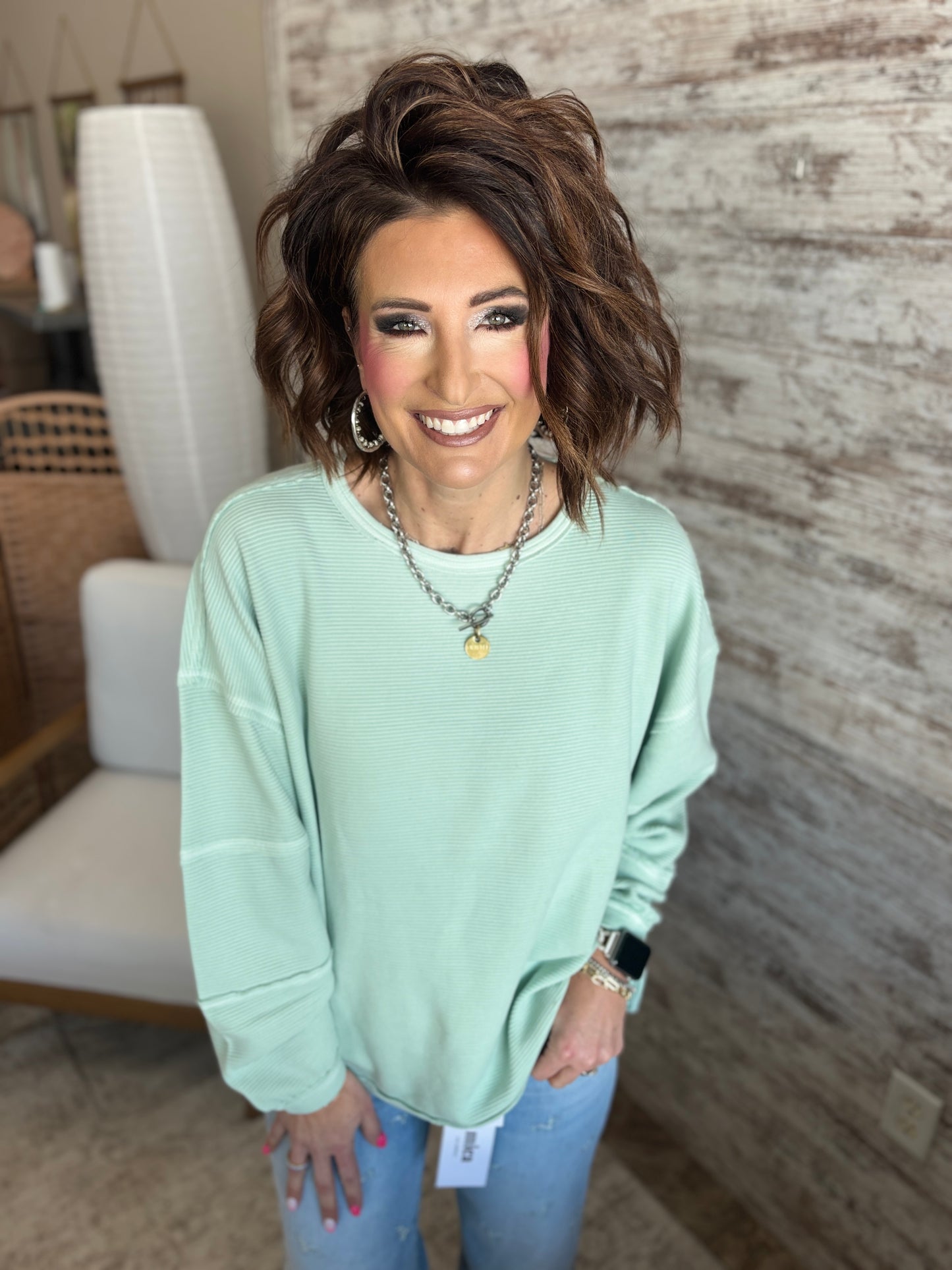 Dusty Mint Knit Top With Exposed Seam