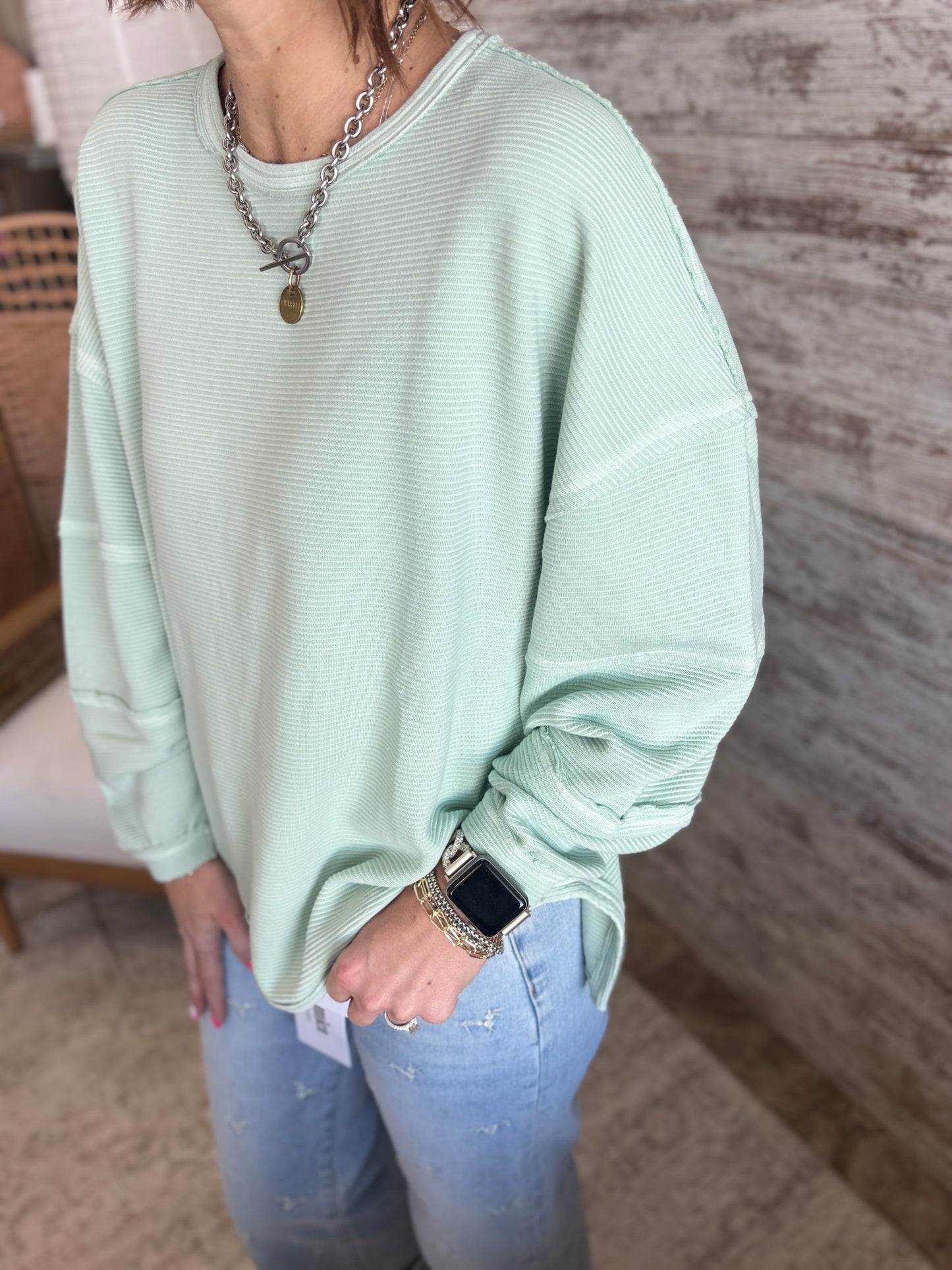 Dusty Mint Knit Top With Exposed Seam