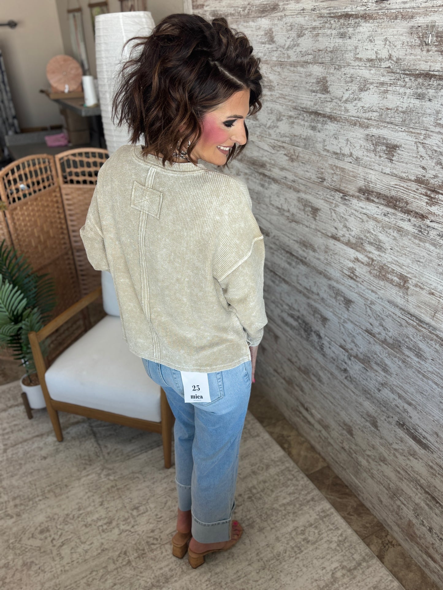 Khaki Acid Wash Button Sweater