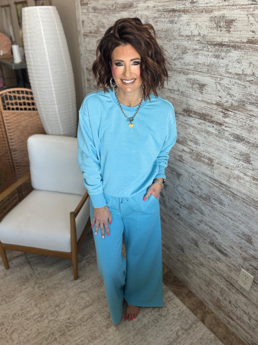 Blue French Terry Wide Leg Pant