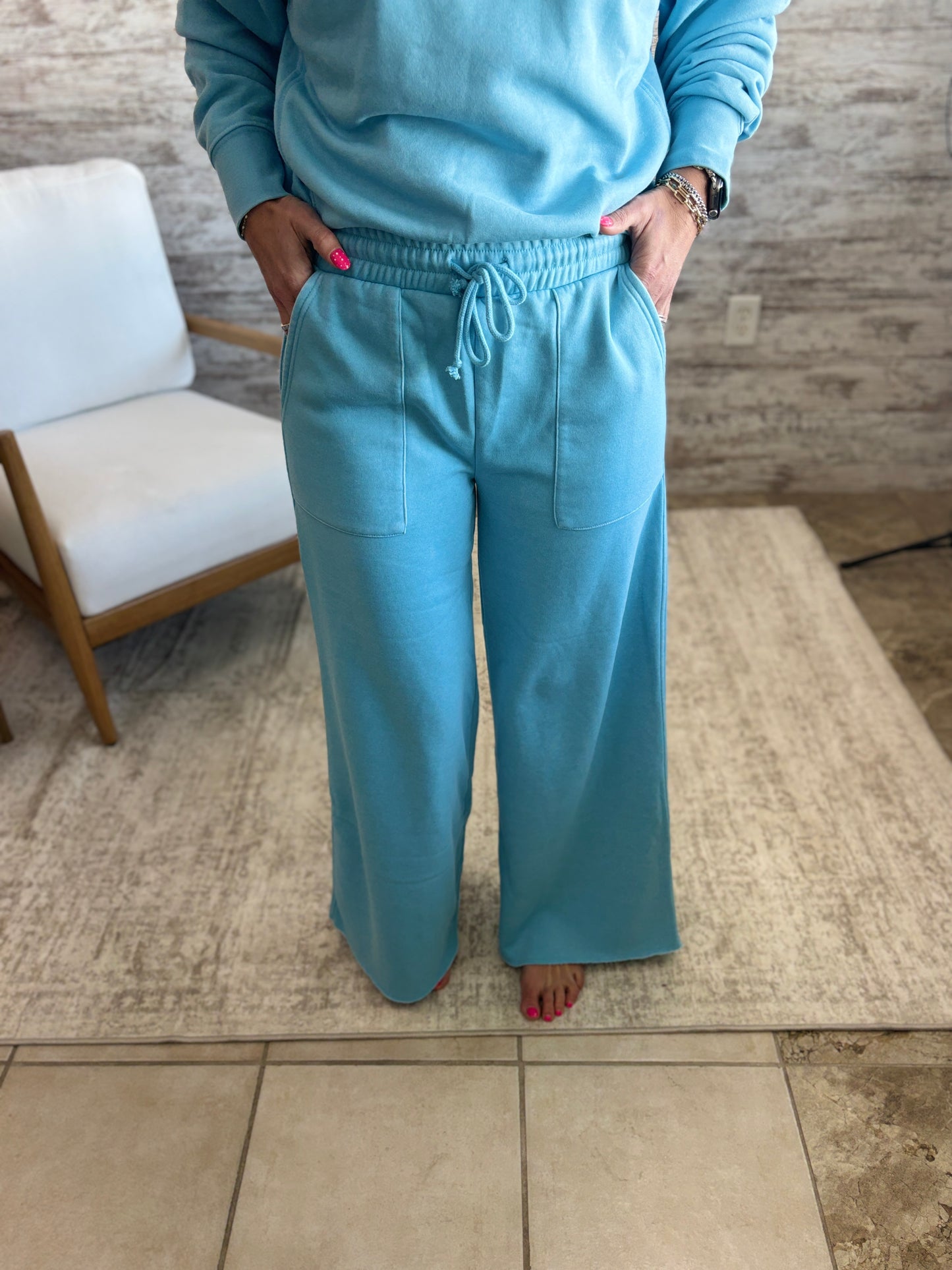 Blue French Terry Wide Leg Pant