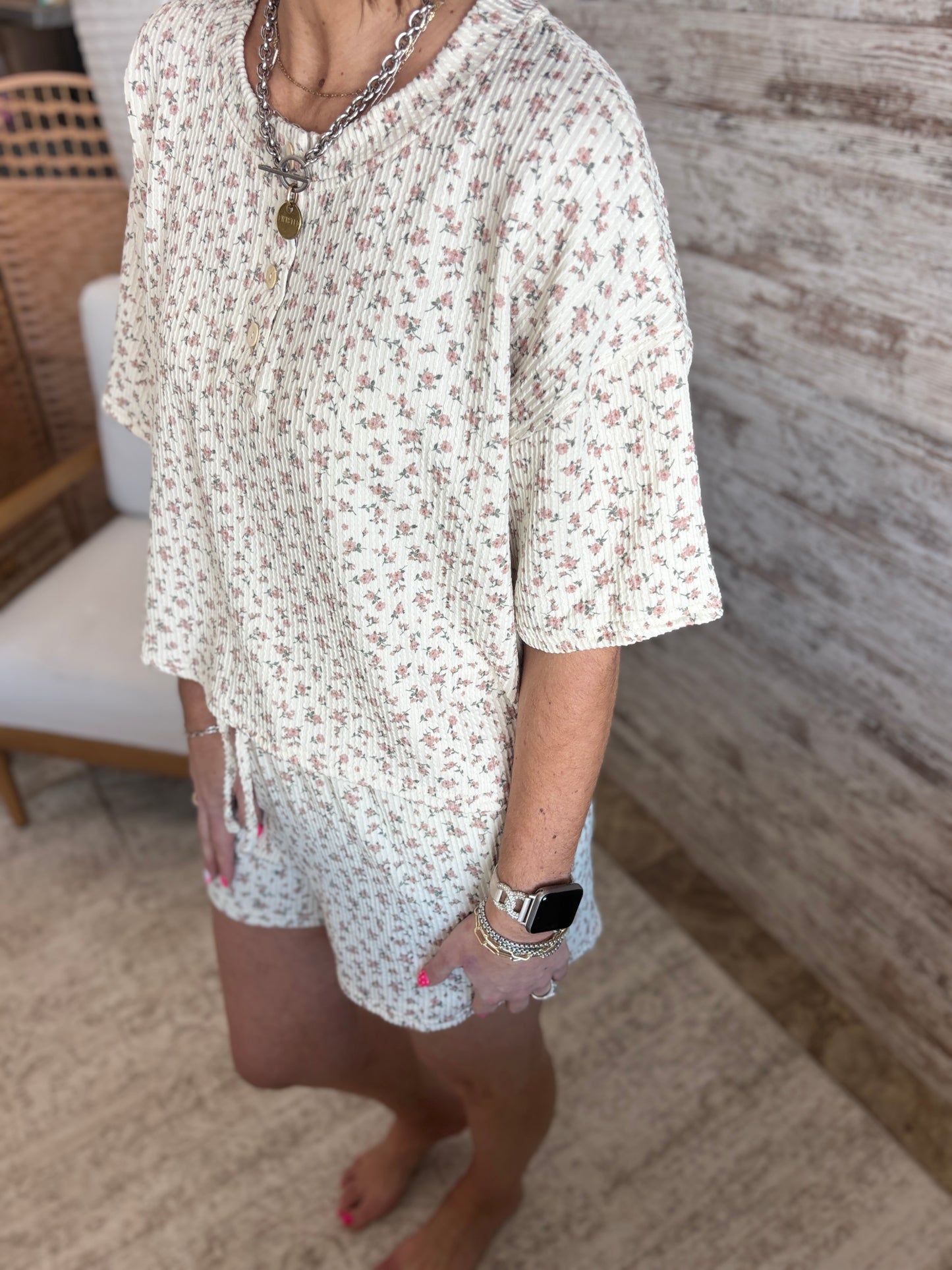 Floral Henley Waffle Knit Set