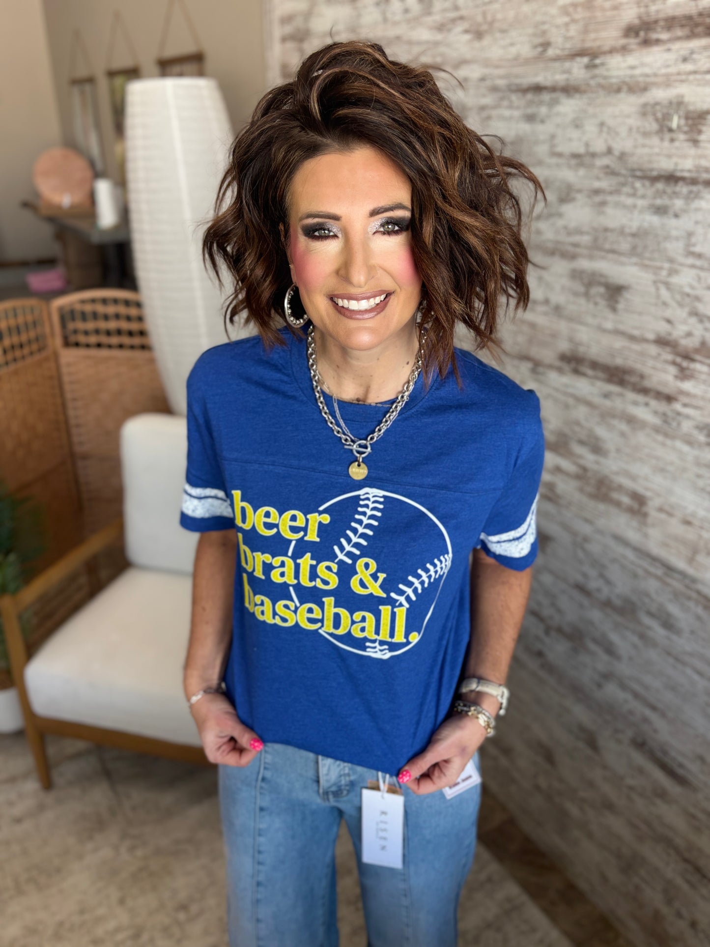 Beer, Brats, & Baseball District Varsity Stripe Royal Game Tee~ On Sale