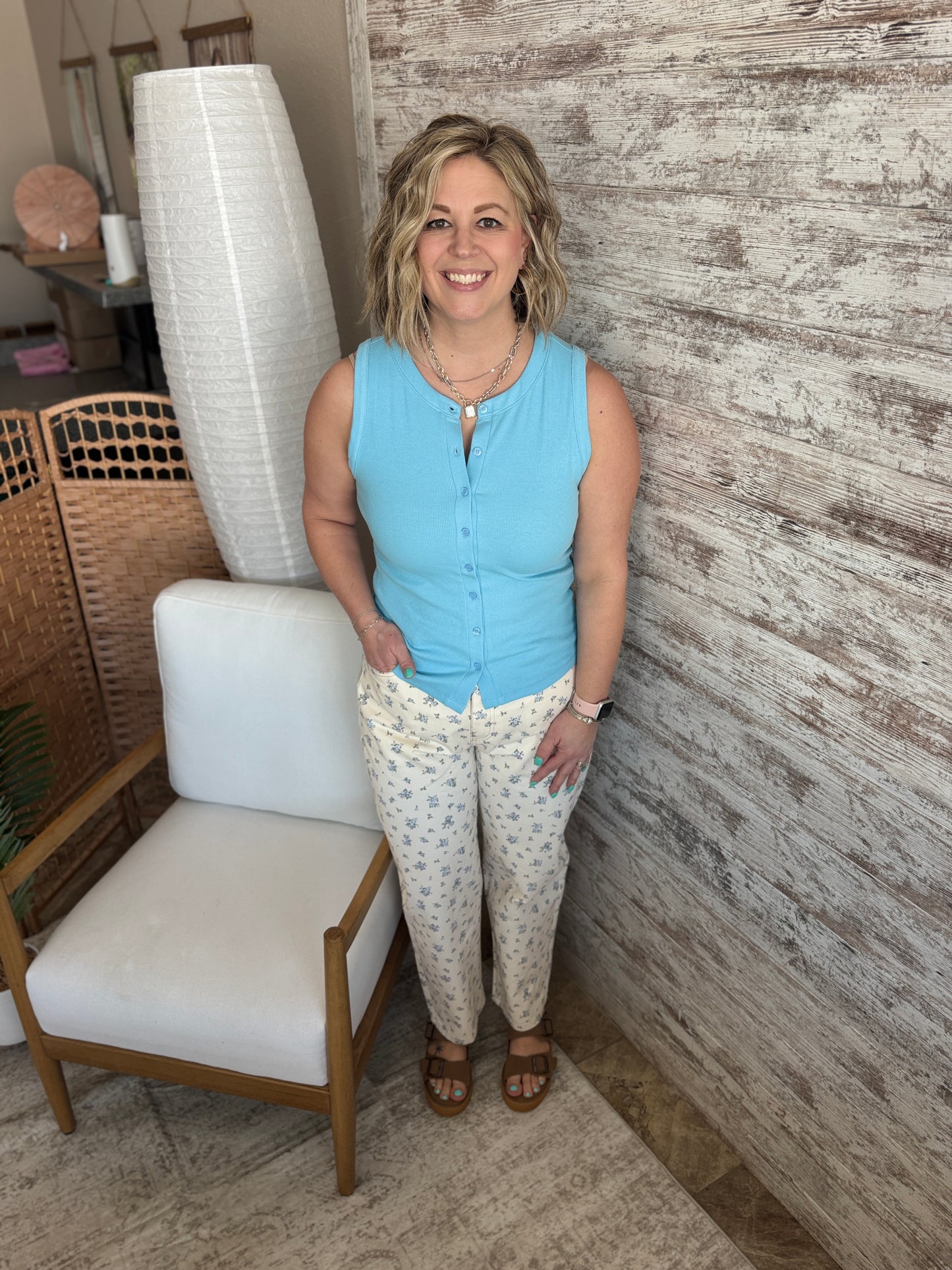 Blue Ribbed Button Down Tank