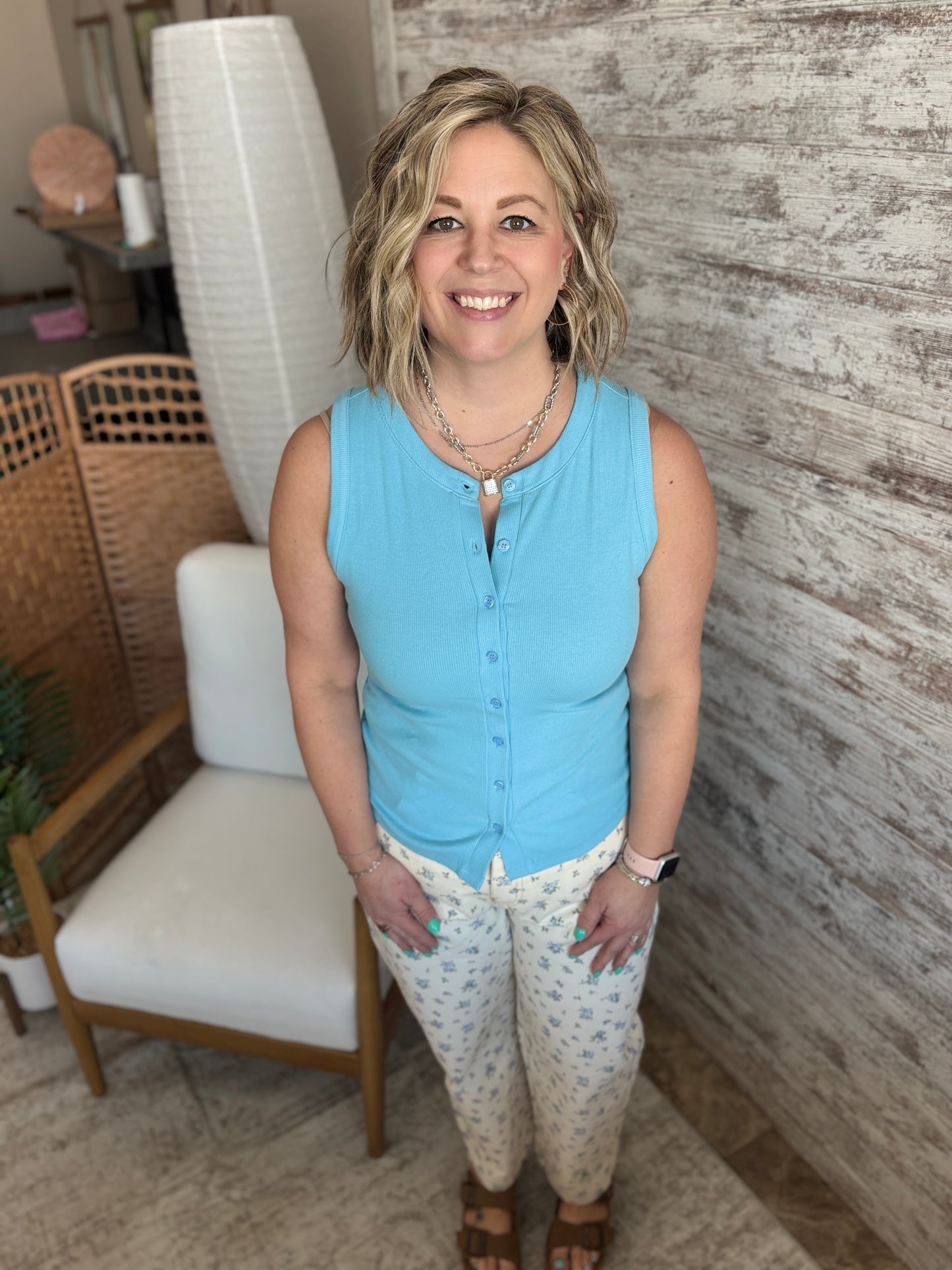 Blue Ribbed Button Down Tank