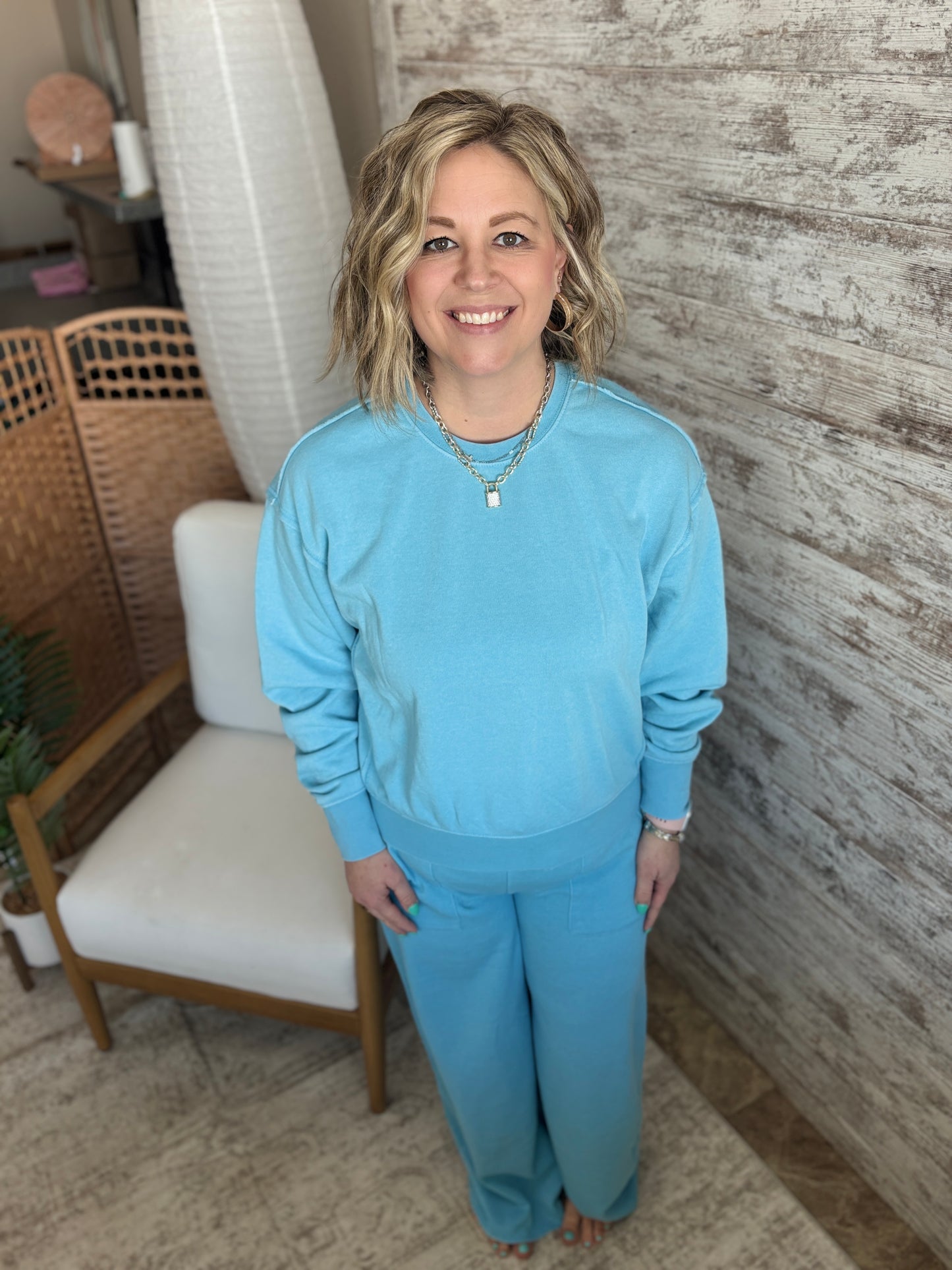 Blue French Terry Wide Leg Pant