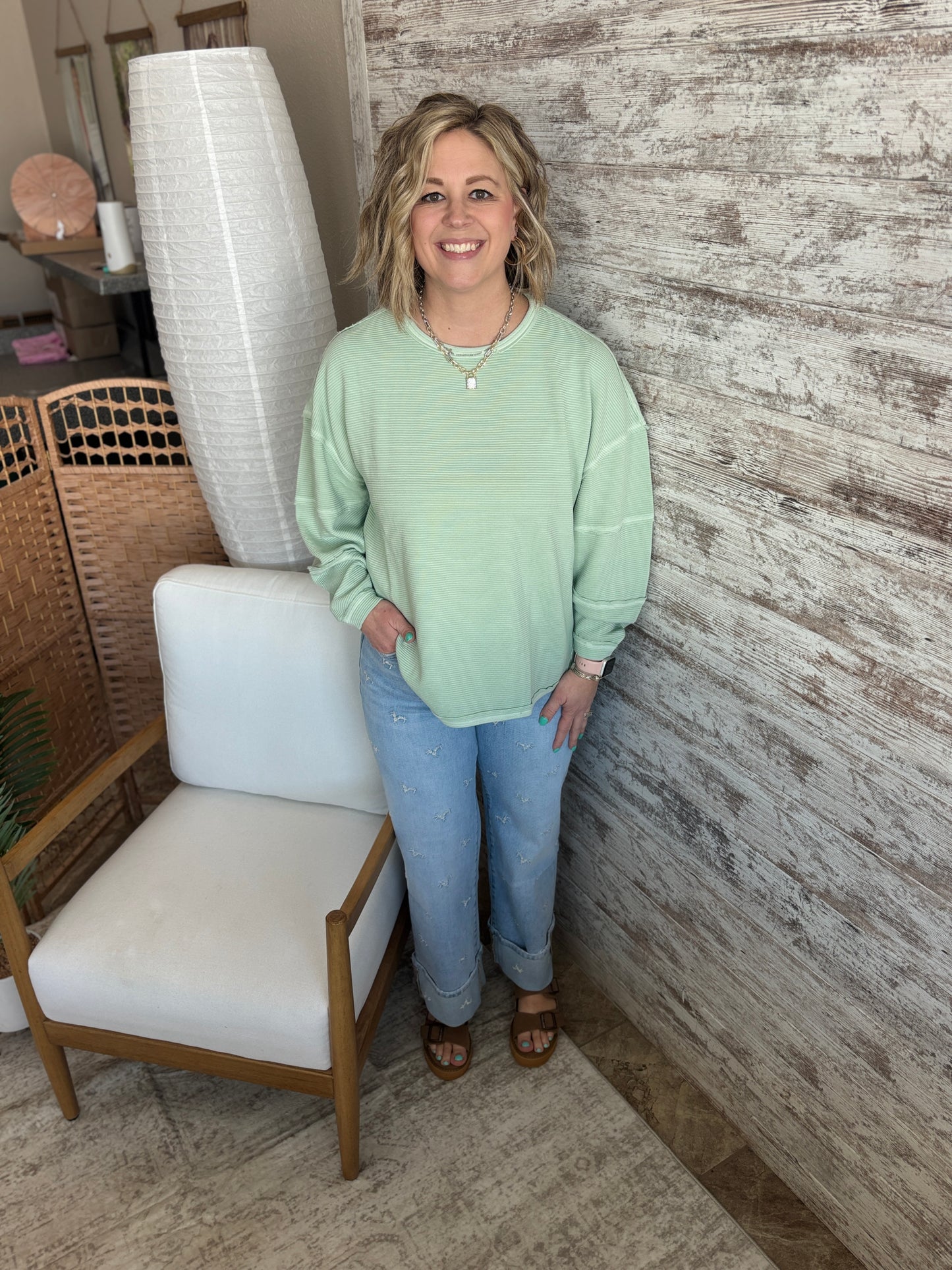 Dusty Mint Knit Top With Exposed Seam