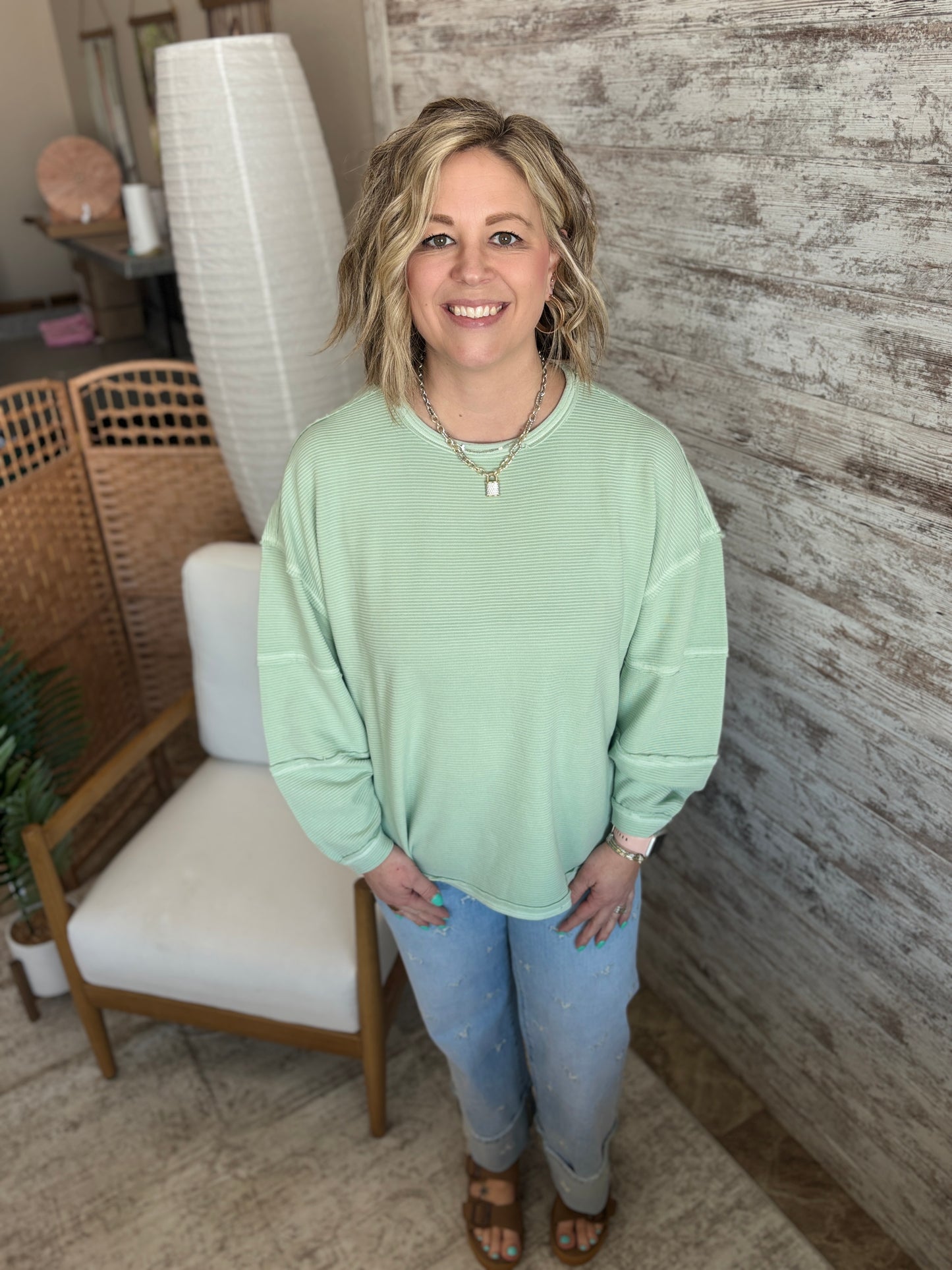 Dusty Mint Knit Top With Exposed Seam