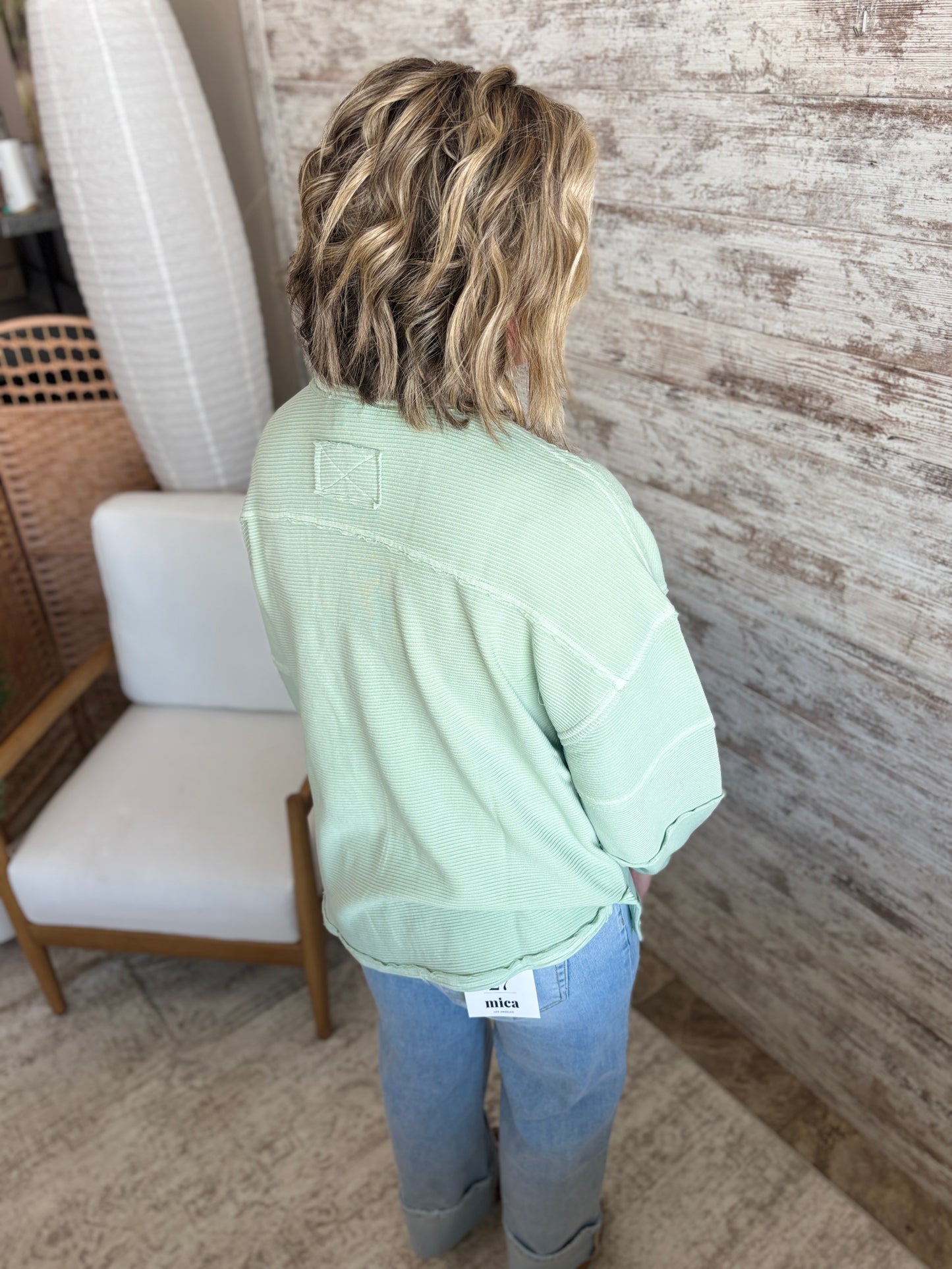 Dusty Mint Knit Top With Exposed Seam