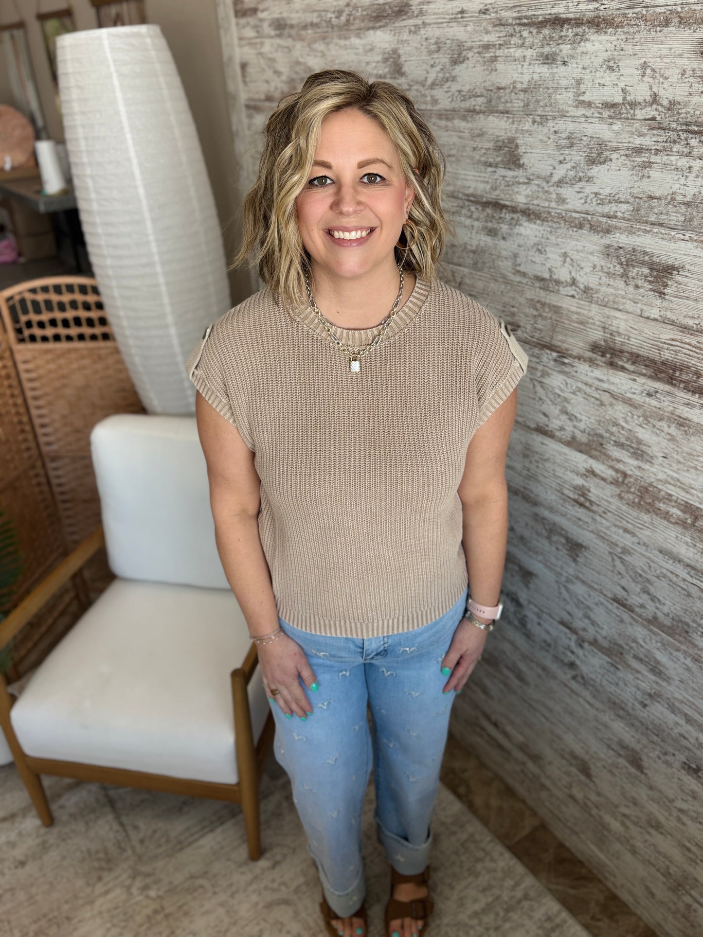 Khaki Acid Wash Button Sweater