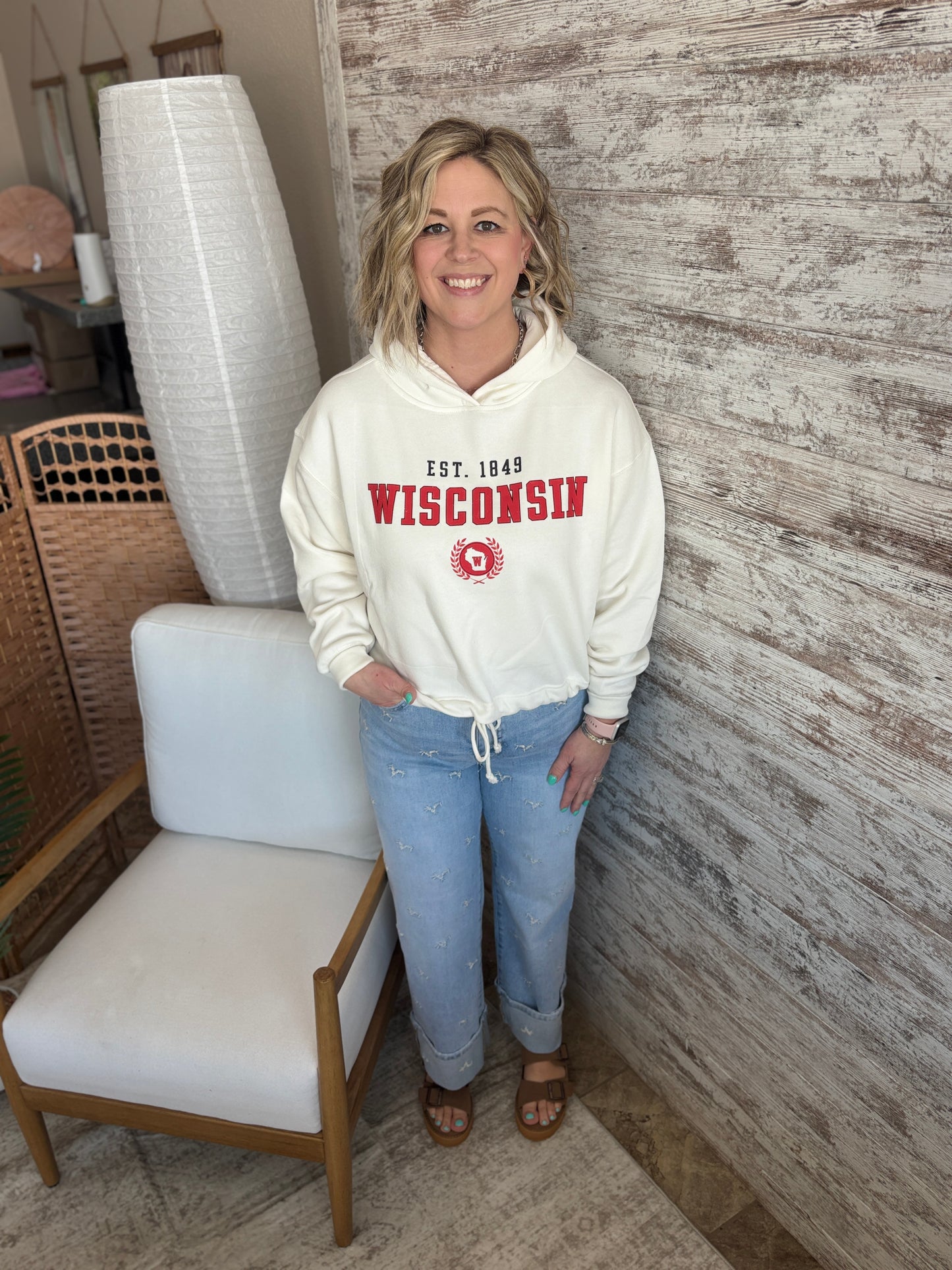 Wisconsin Pennant Ivory Drawstring Hoodie